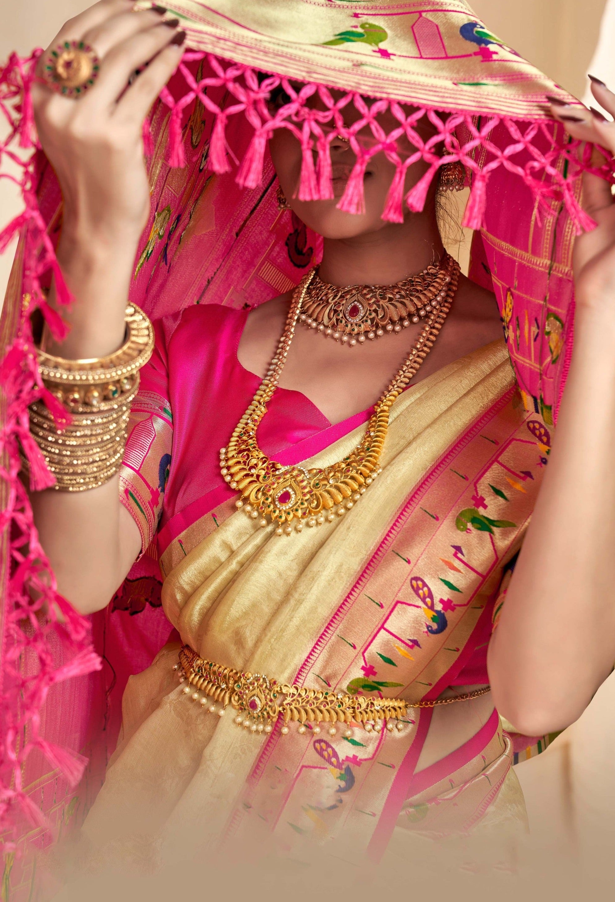 Classic Cream Paithani Tissue Silk Saree