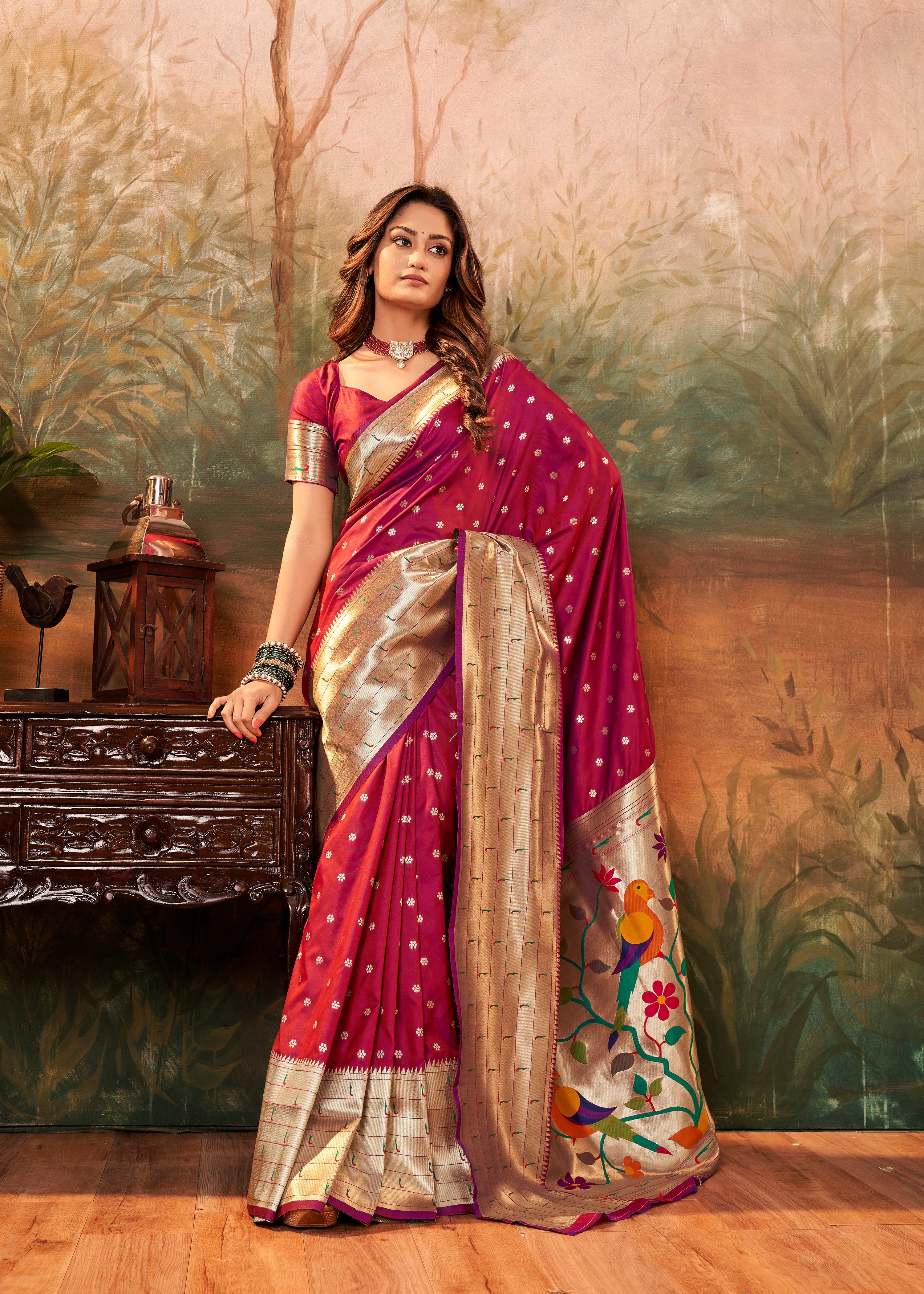Citrusy Dark Pink Pure Paithani Silk with Zari Weaving Saree
