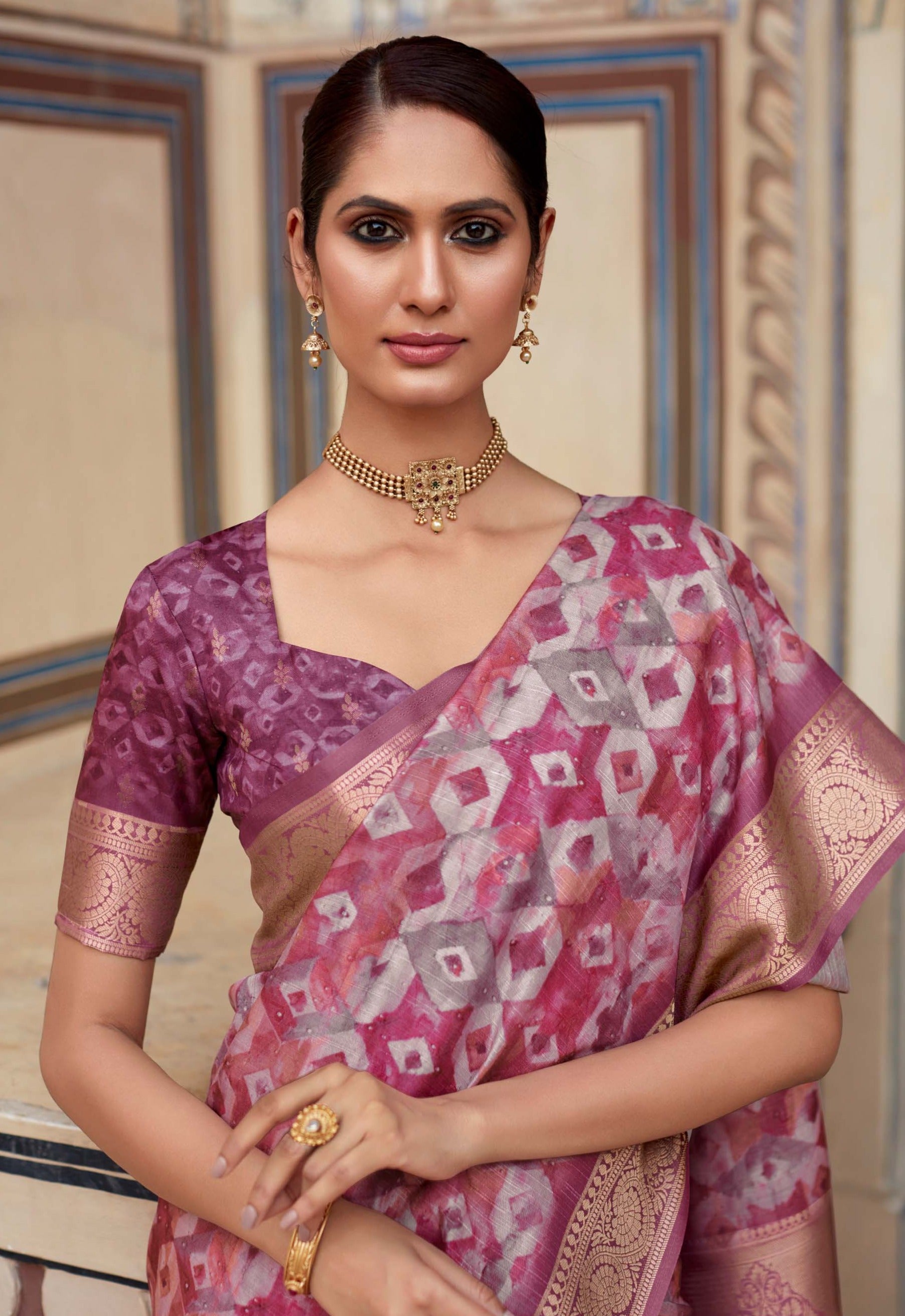 Boysenberry Purple Banarasi Printed Silk Saree