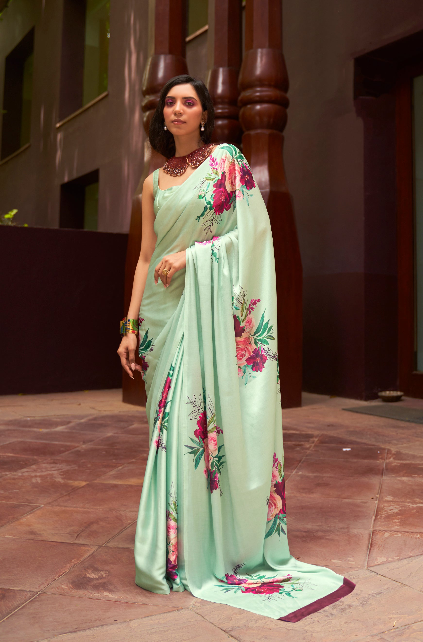 Fresh Mint Green Floral Printed Satin Silk Saree