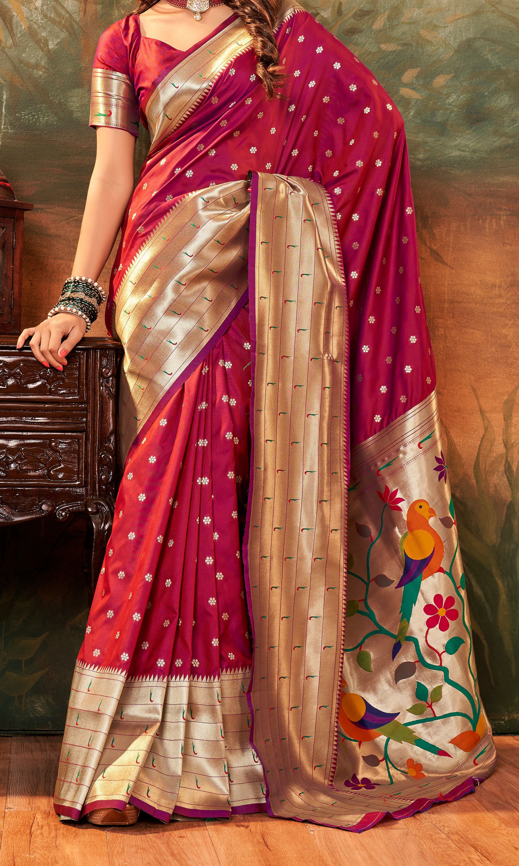 Citrusy Dark Pink Pure Paithani Silk with Zari Weaving Saree