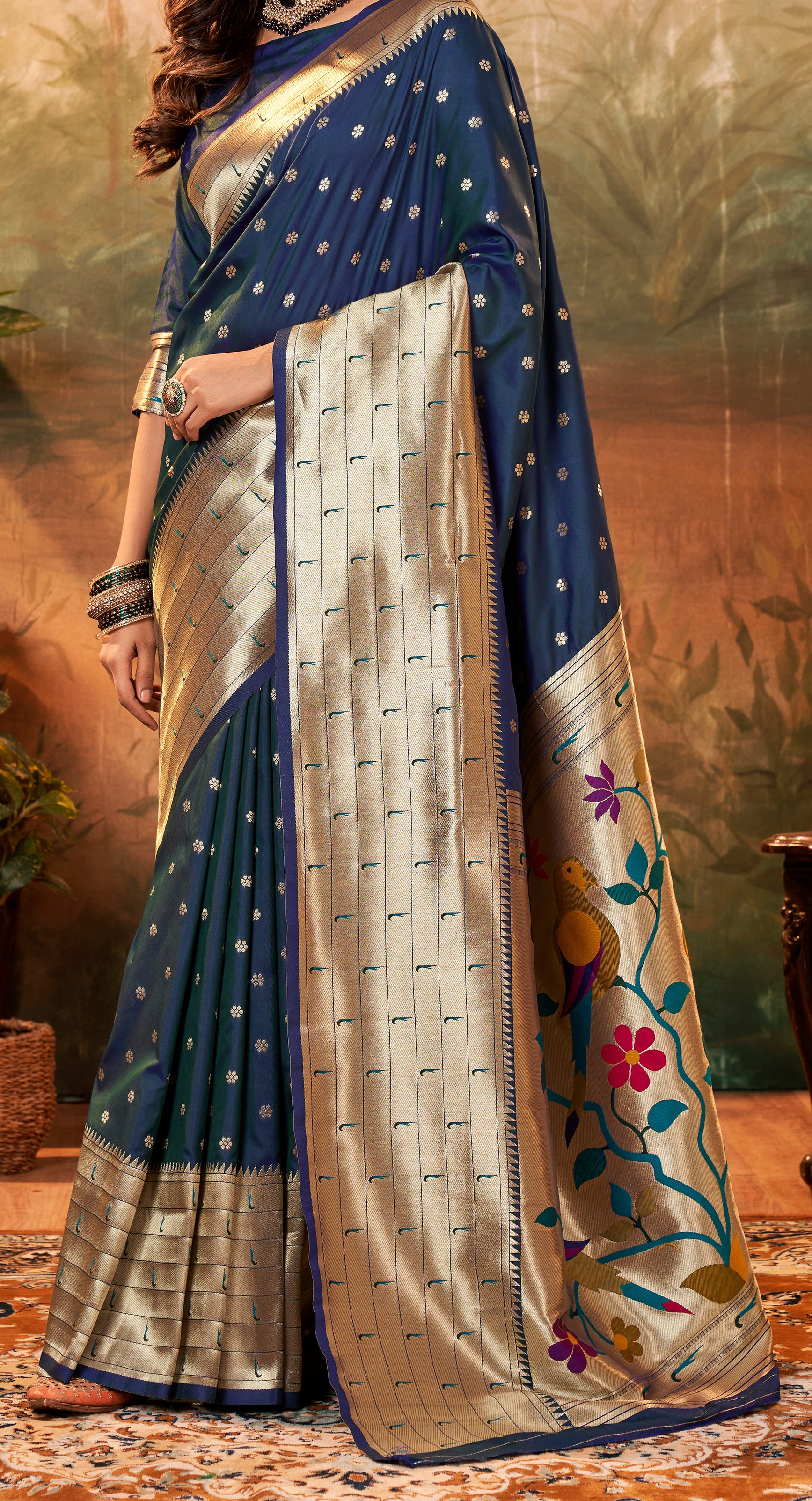 Citrusy Dark Blue Pure Paithani Silk with Zari Weaving Saree