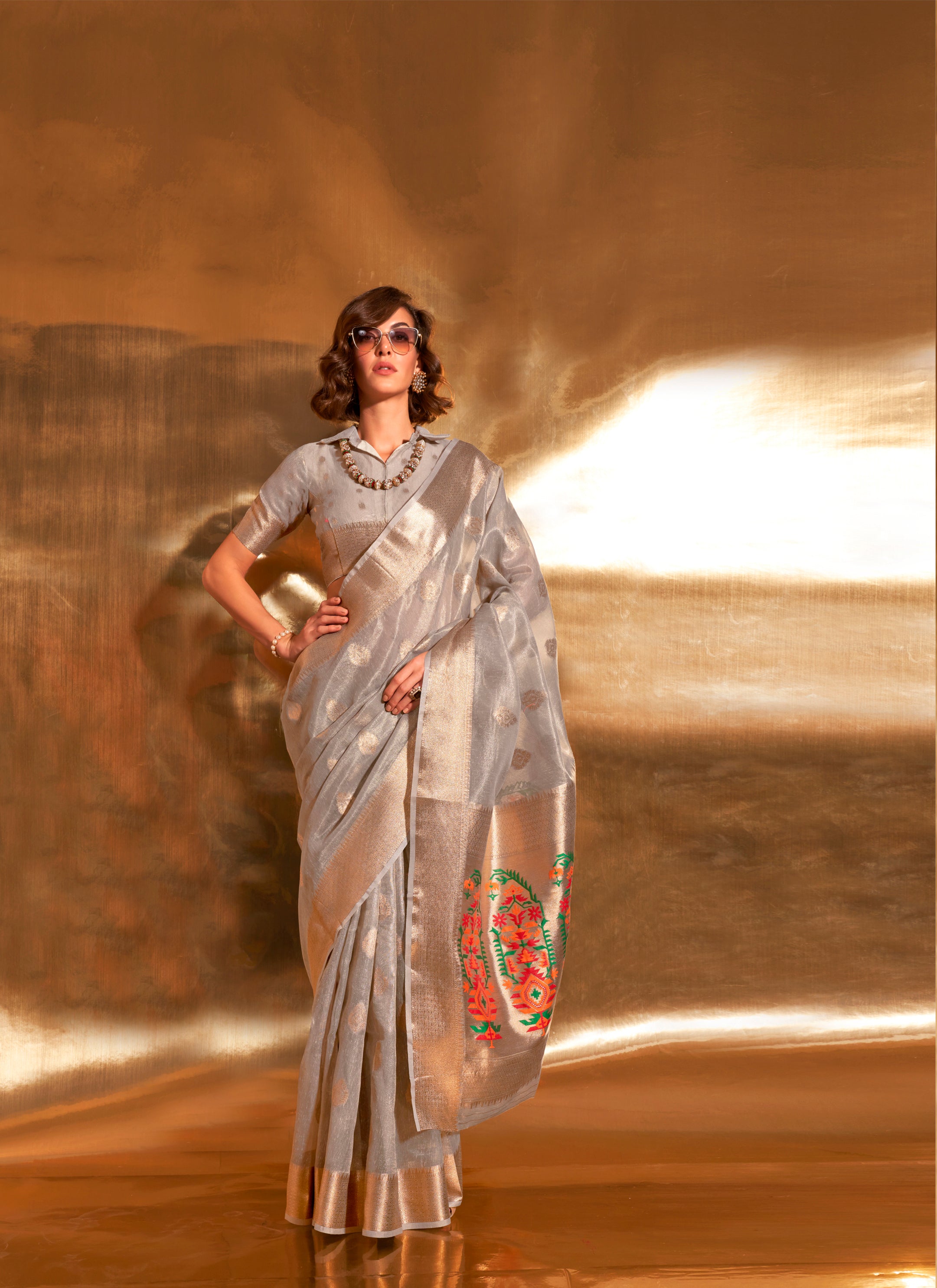 Silver Zari Woven Paithani Tissue Saree