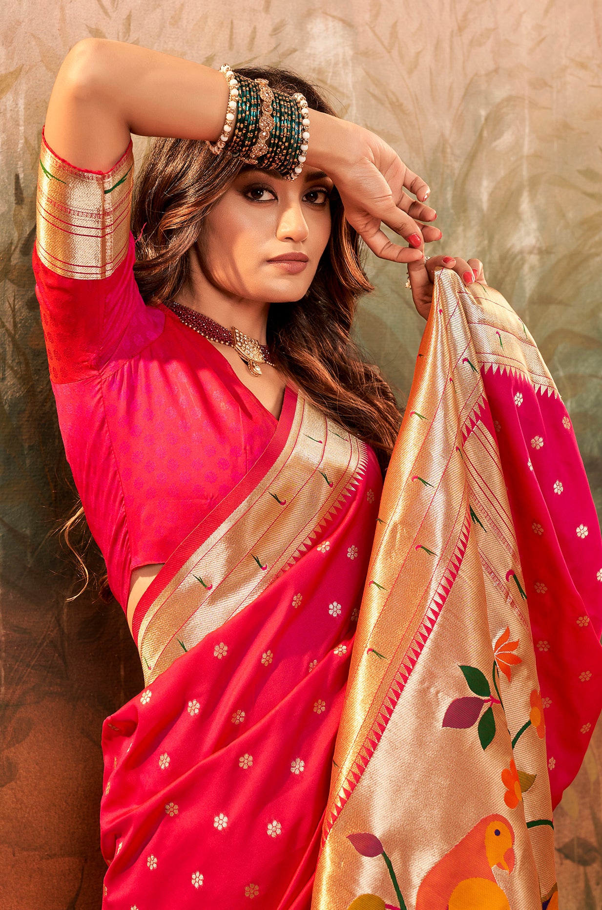 Citrusy Dark Red Pure Paithani Silk with Zari Weaving Saree