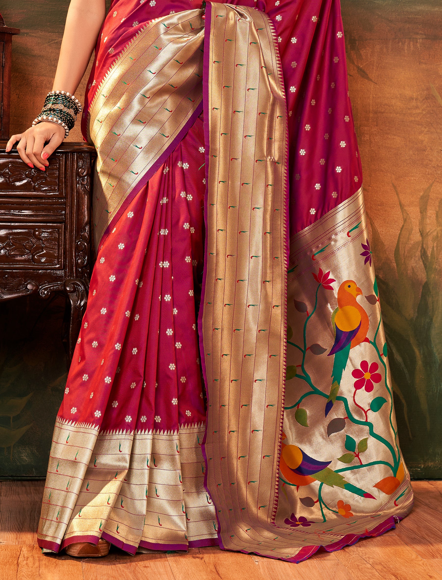 Citrusy Dark Pink Pure Paithani Silk with Zari Weaving Saree