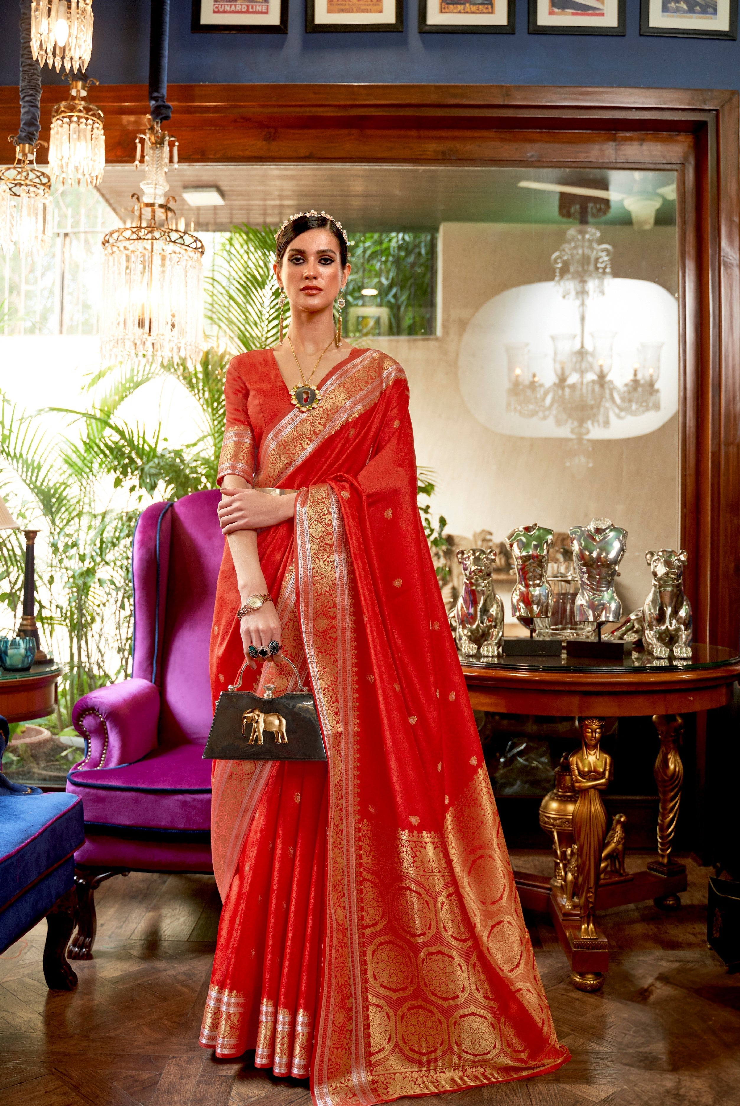 Scarlet Red Blossom Woven Kanchipuram Silk Saree