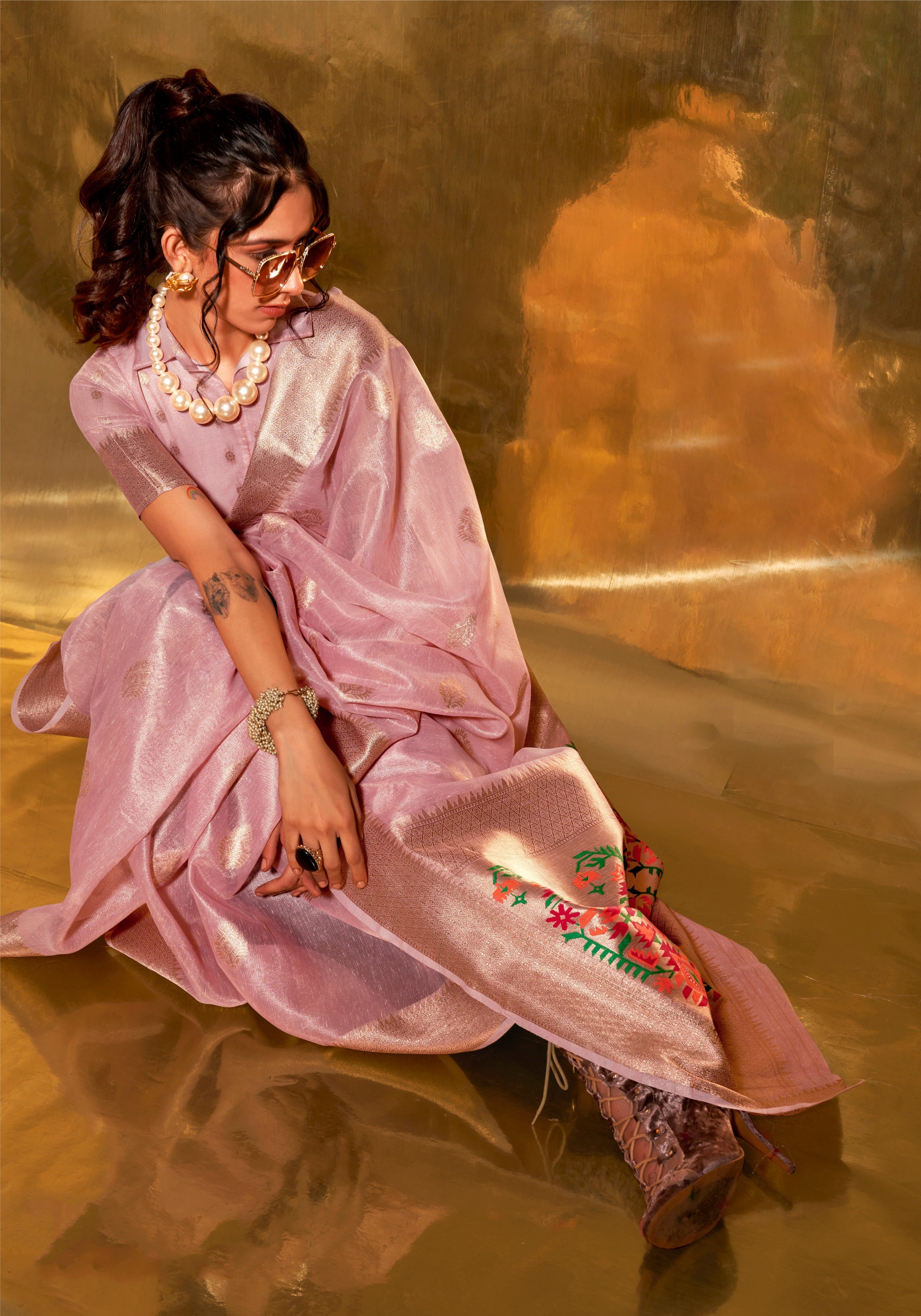 Rose Pink Zari Woven Paithani Tissue Saree
