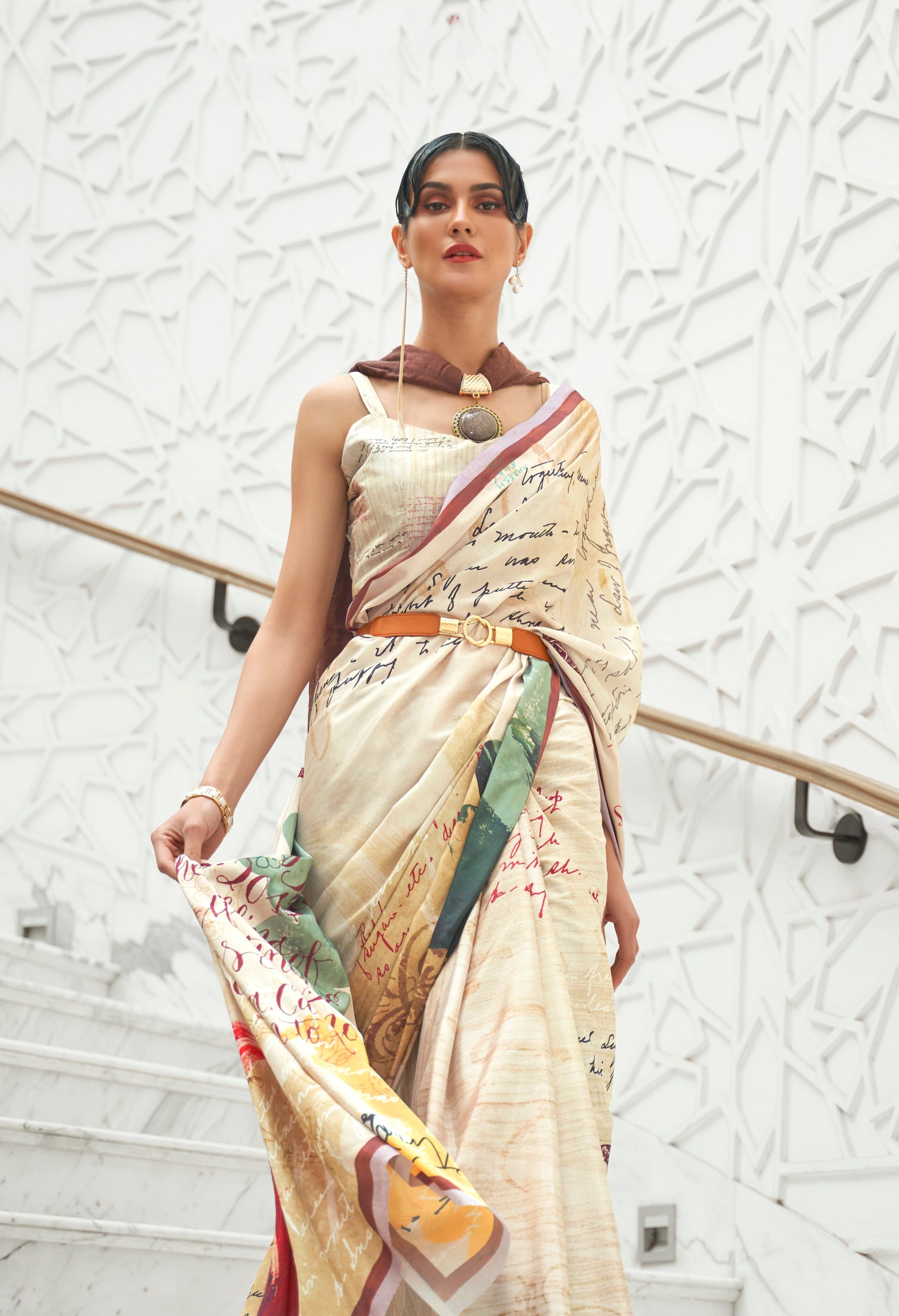 Paleo Off-White Kalamkari Printed Crepe Saree