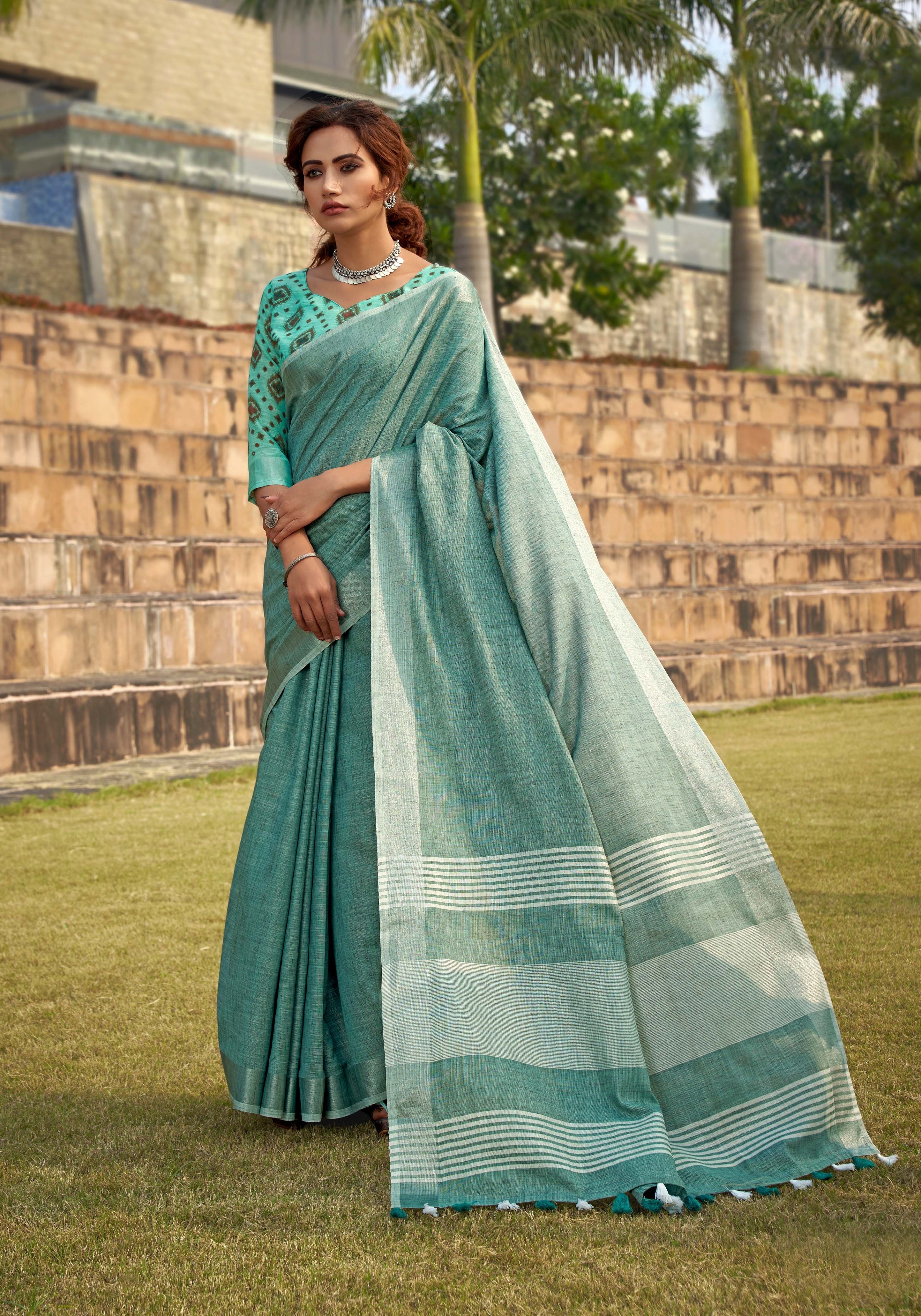 Breezy Blue Soft Linen Silk Saree