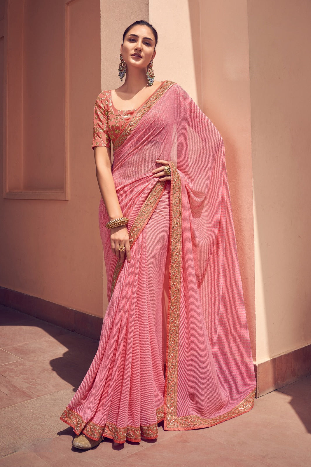 Elegant Pink Bandhni Print Saree