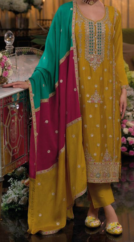 Yellow Chinnon Embroidered Salwar Kameez