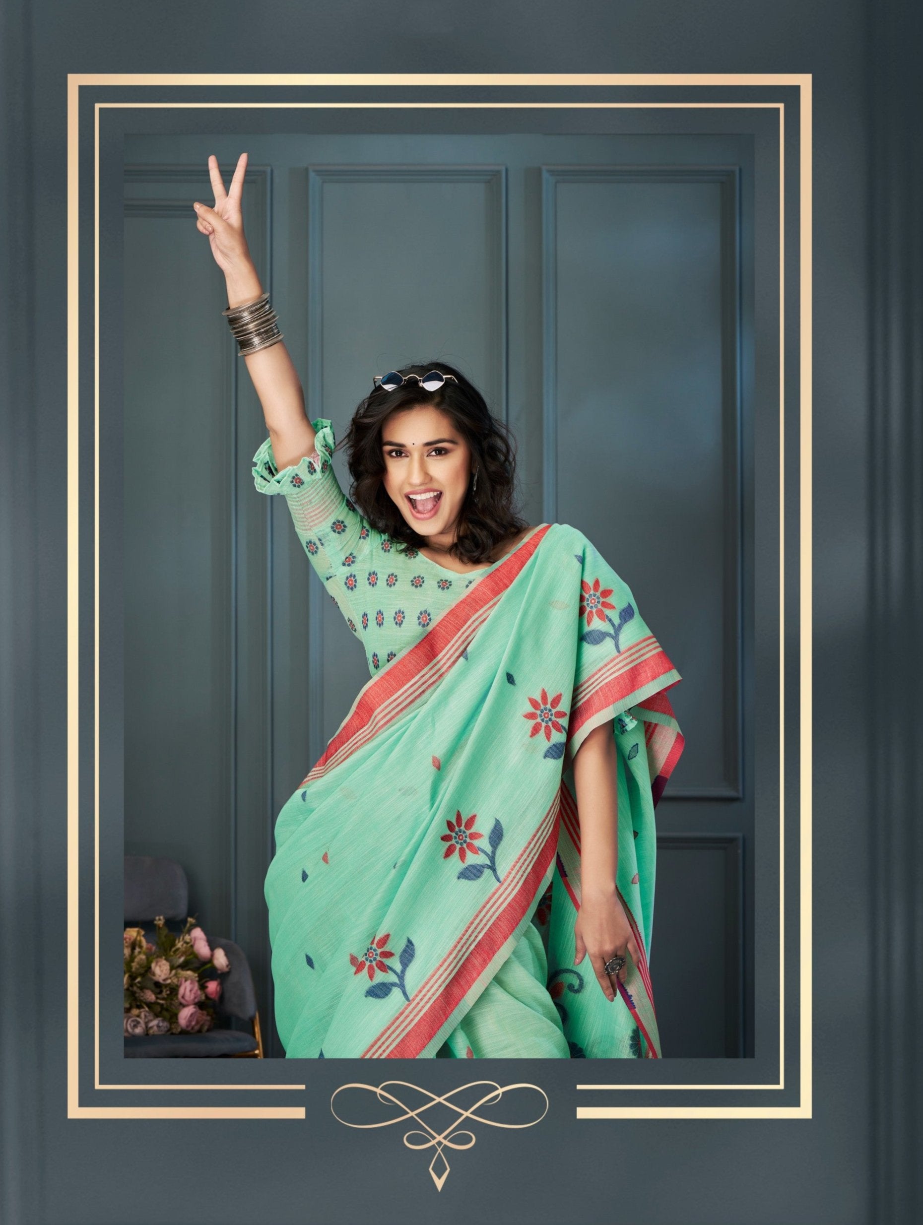 Serene Sea Green Handloom Linen Silk Saree with Intricate Weaving