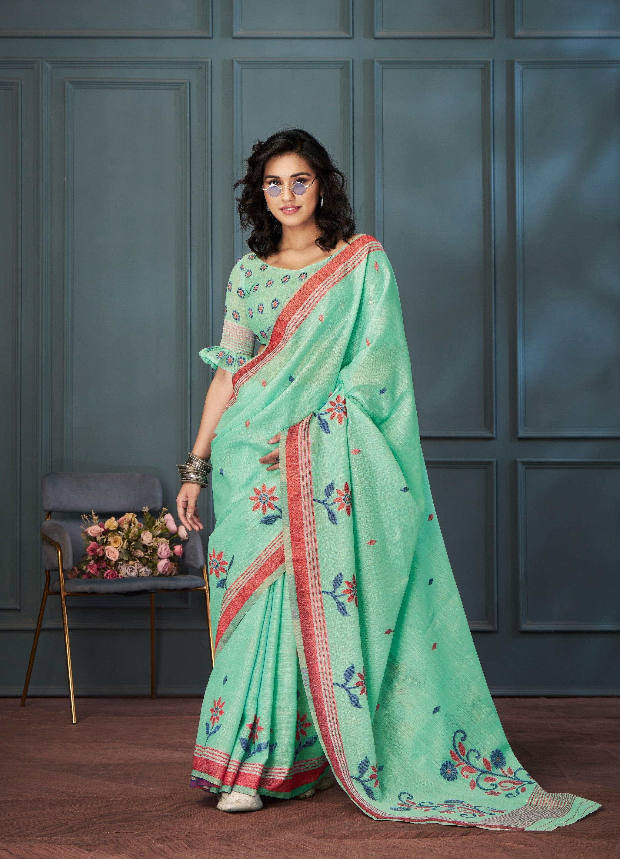 Serene Sea Green Handloom Linen Silk Saree with Intricate Weaving