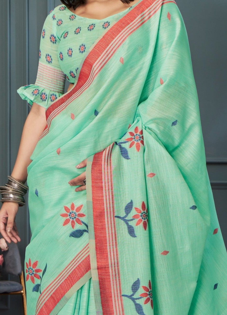 Serene Sea Green Handloom Linen Silk Saree with Intricate Weaving