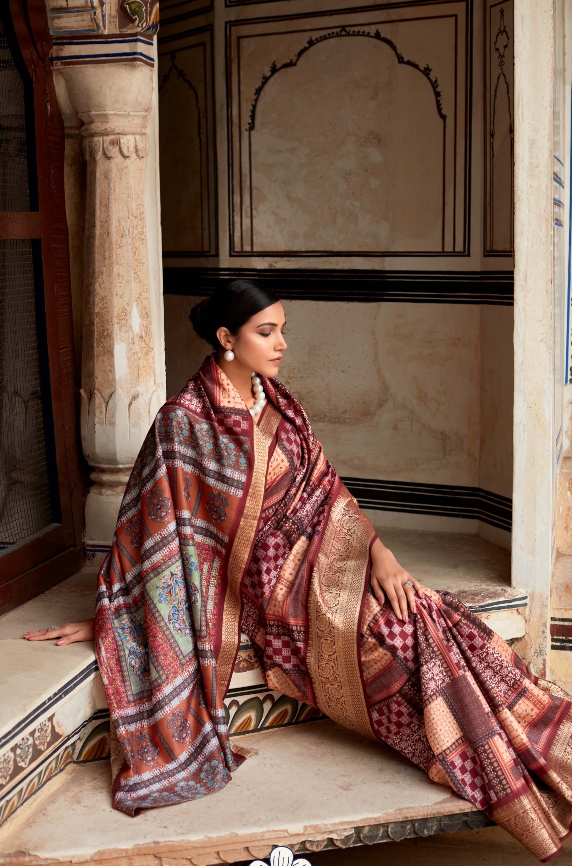 Wine Maroon Banarasi Printed Silk Saree