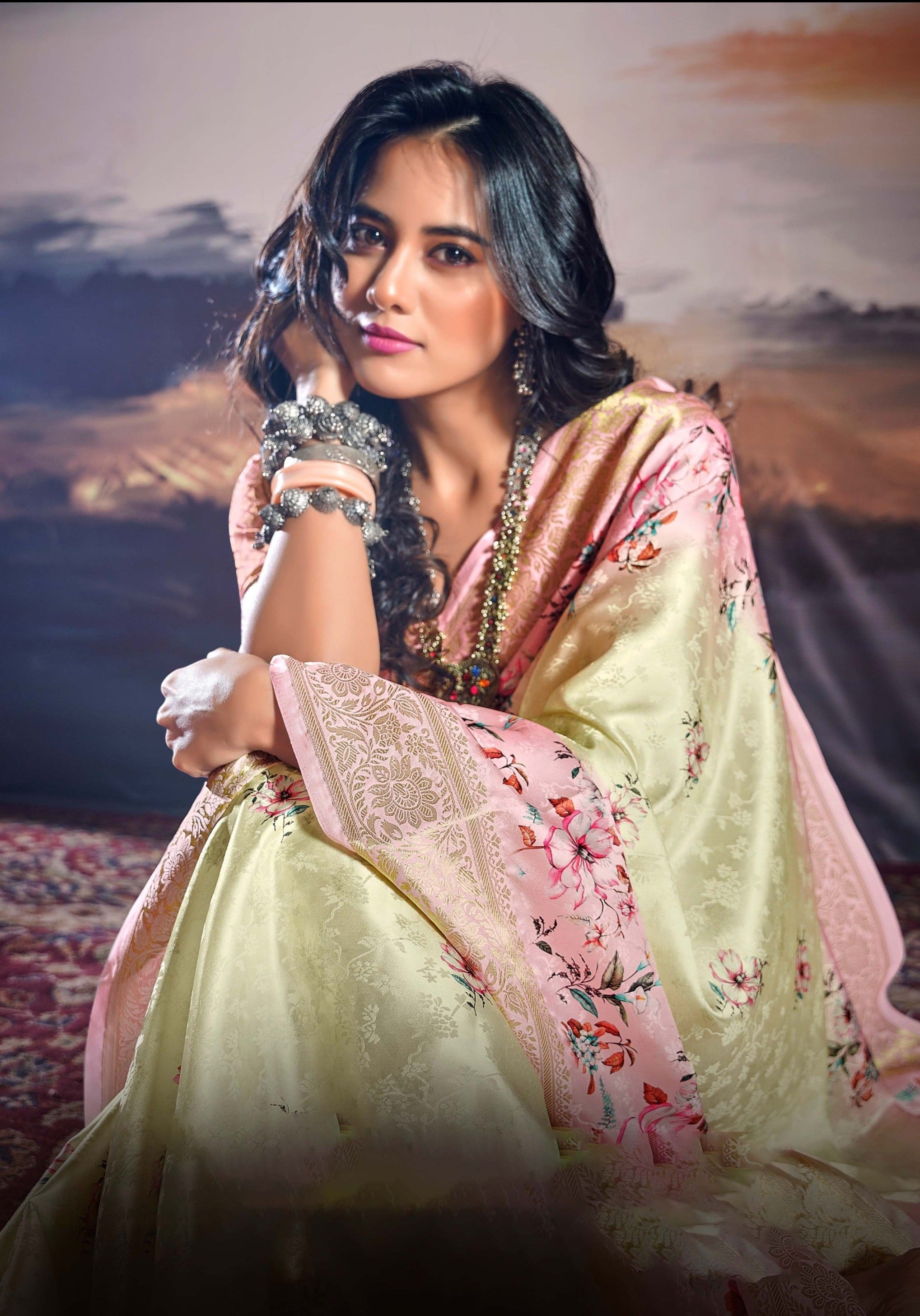 Thistle Pink & Cream Digital Floral Printed Pure Satin Silk Saree