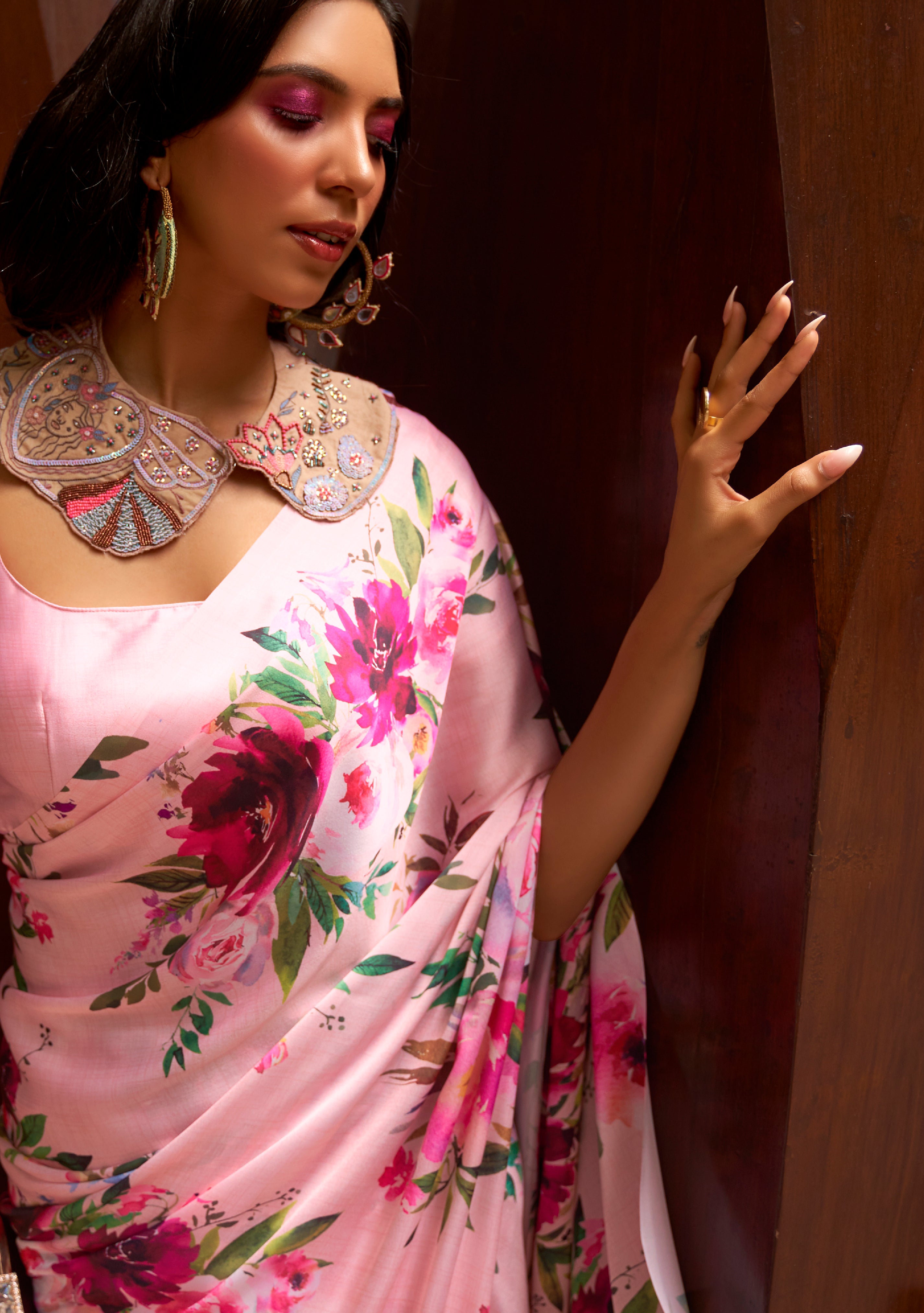 Graceful Bloom Light Pink Floral Printed Satin Silk Saree