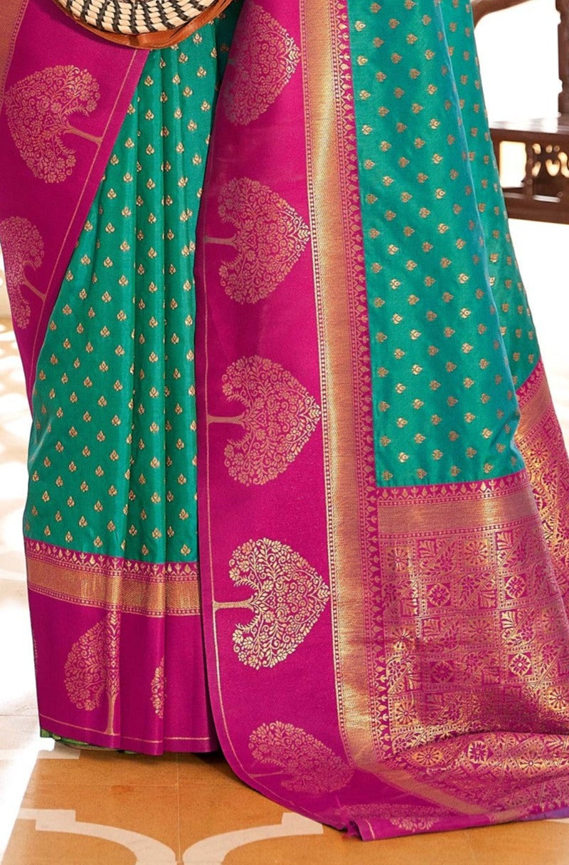 Forest Green and Pink Woven Banarasi Soft Silk Saree