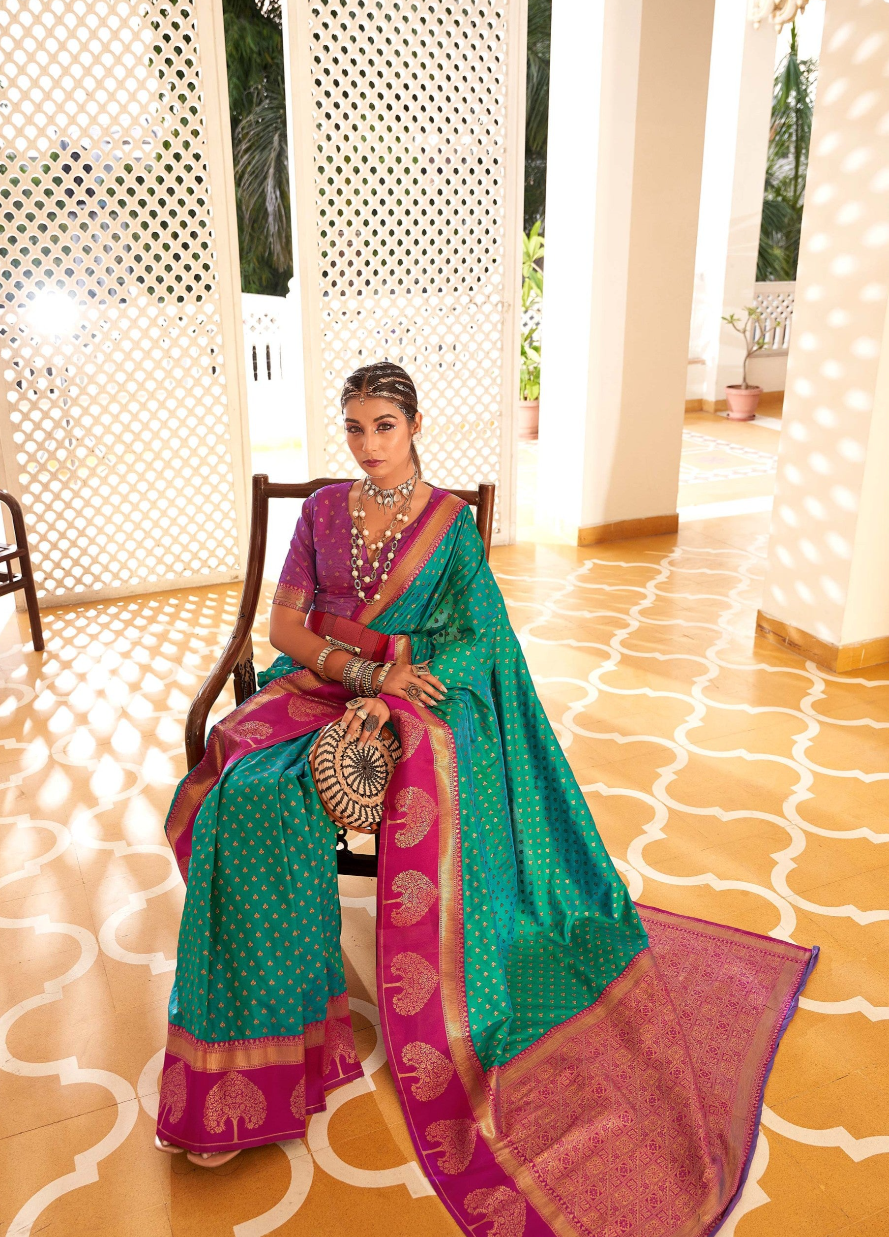 Forest Green and Pink Woven Banarasi Soft Silk Saree