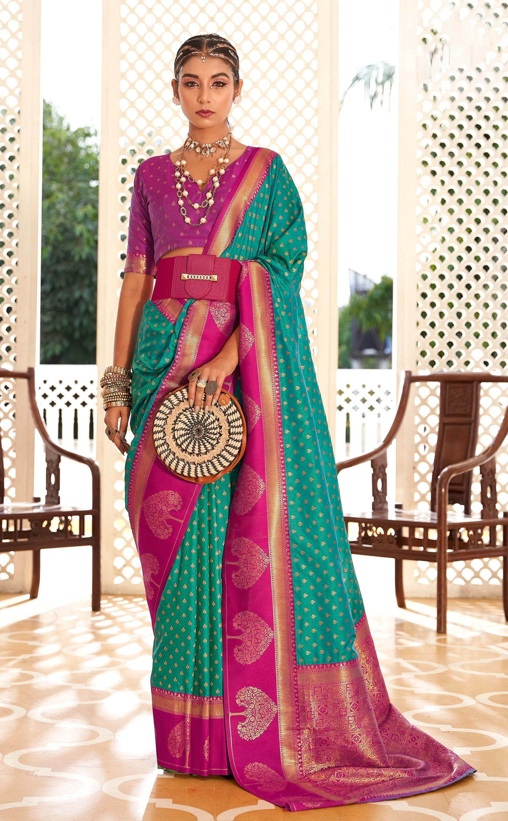 Forest Green and Pink Woven Banarasi Soft Silk Saree