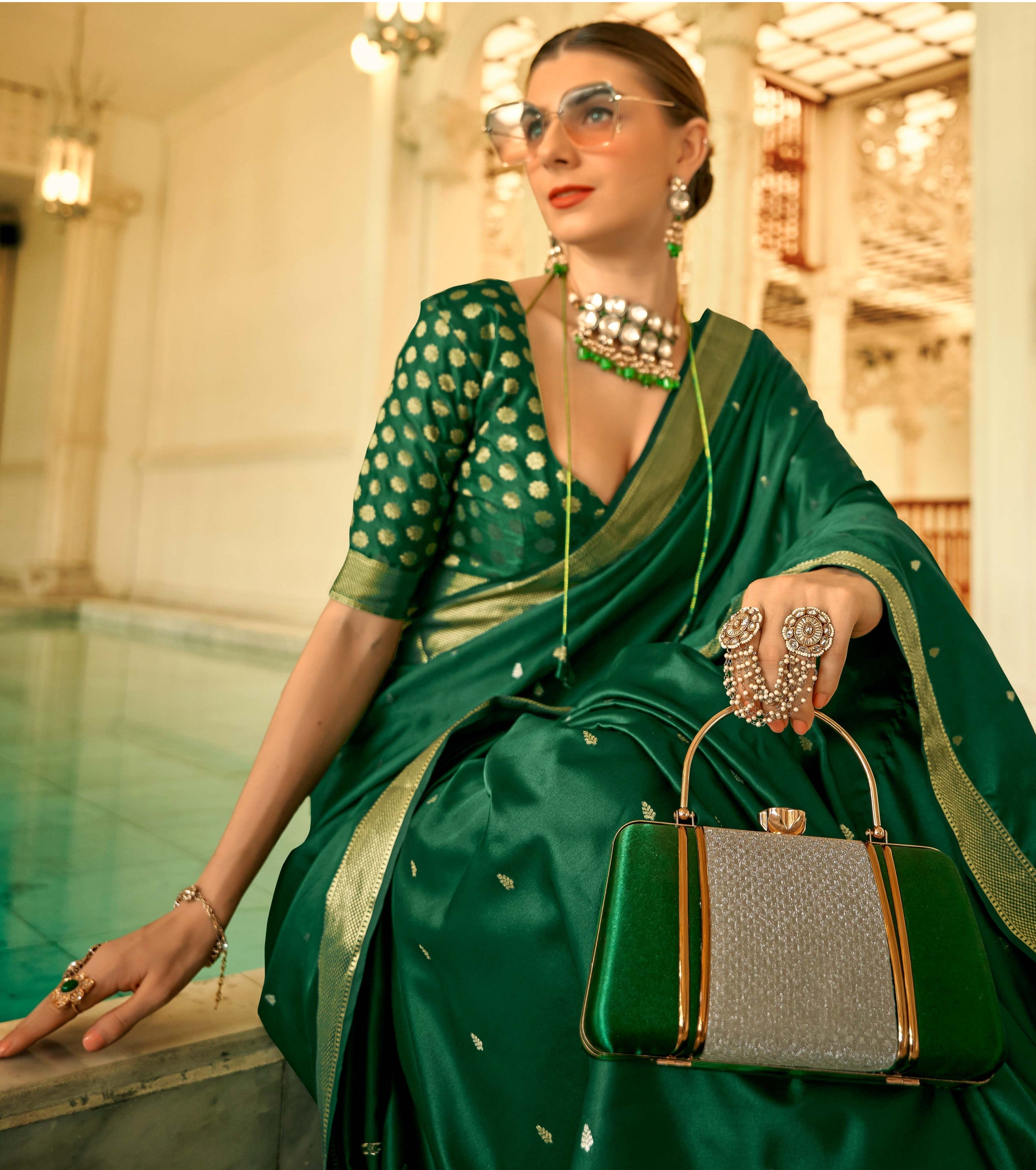 Elegant Dark Green Zari Woven Satin Silk Saree