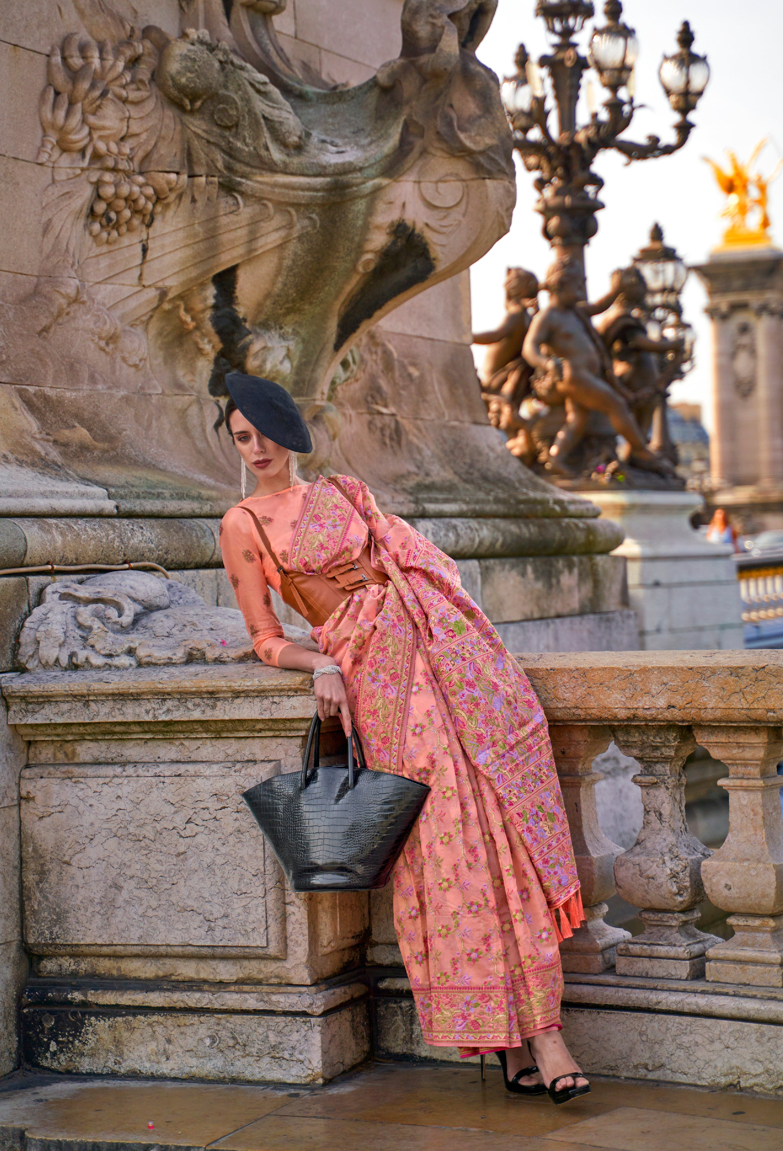 Opulence Peach Organza Handloom Parsi Saree