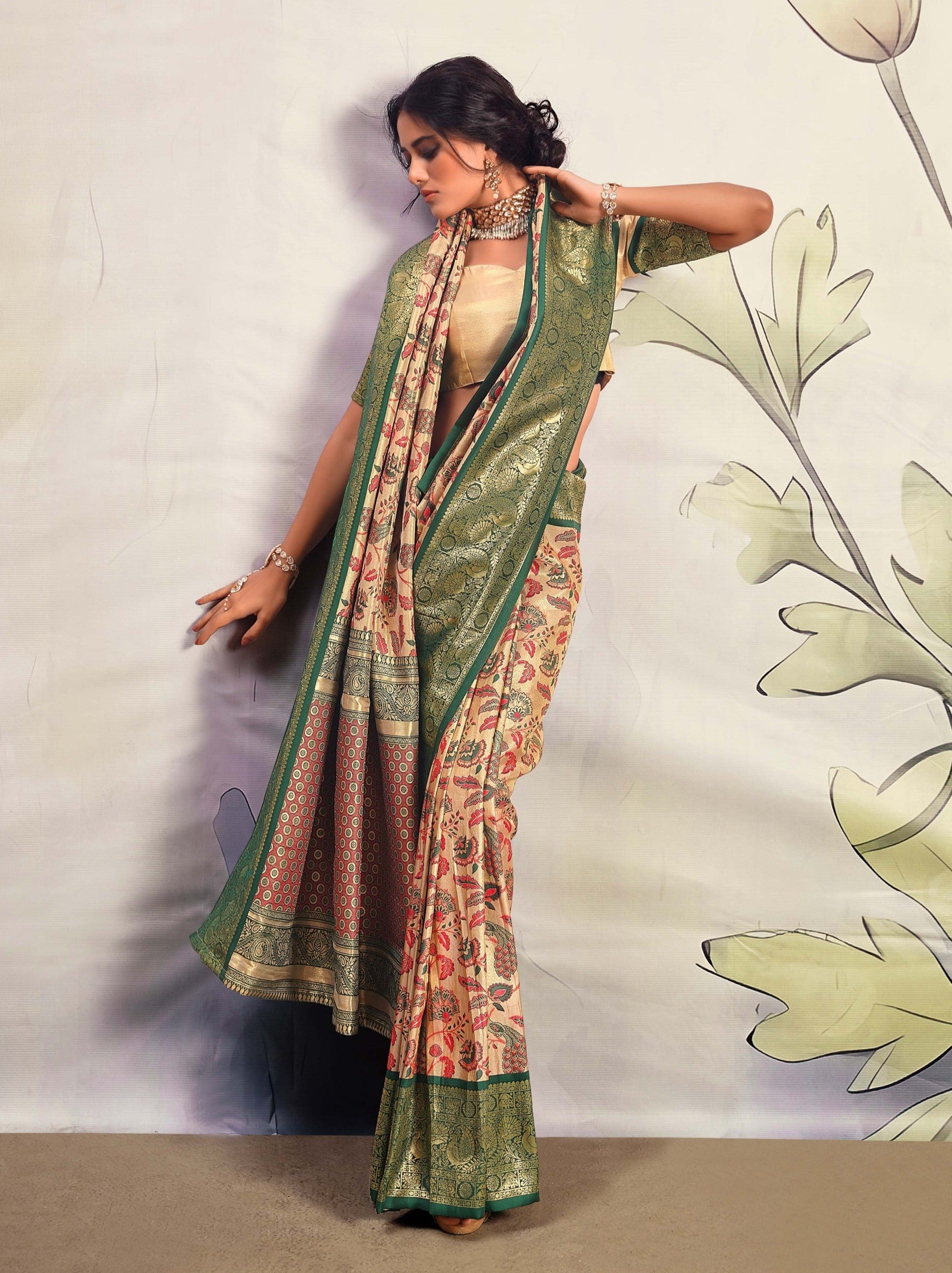 Beige and Celery Green Woven Banarasi Silk Saree