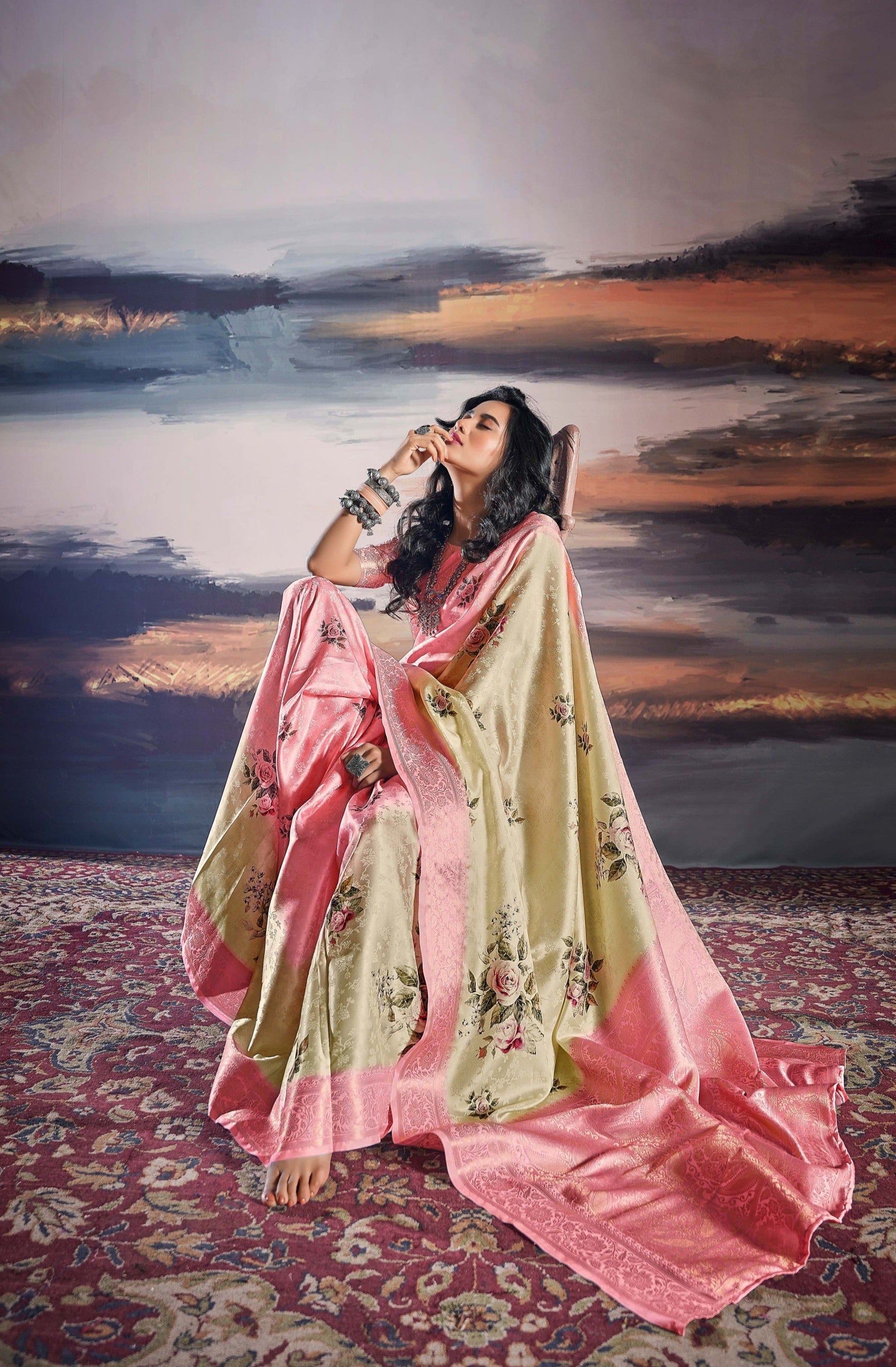 Thistle Pink & Cream Digital Floral Printed Pure Satin Silk Saree