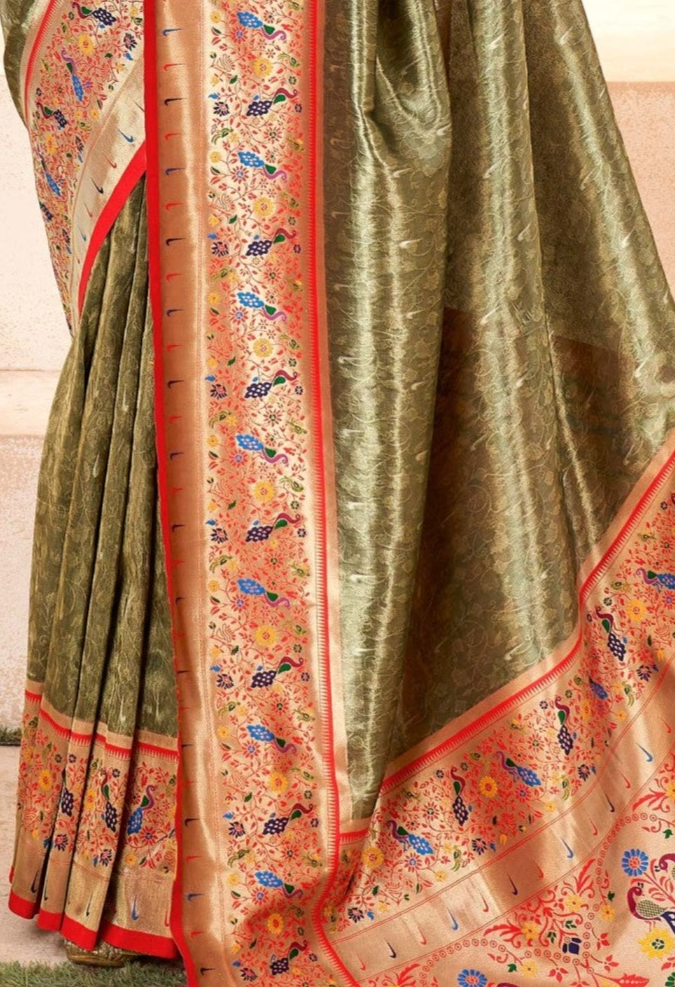 Elegant Olive Green Zari Woven Banarasi Silk Saree