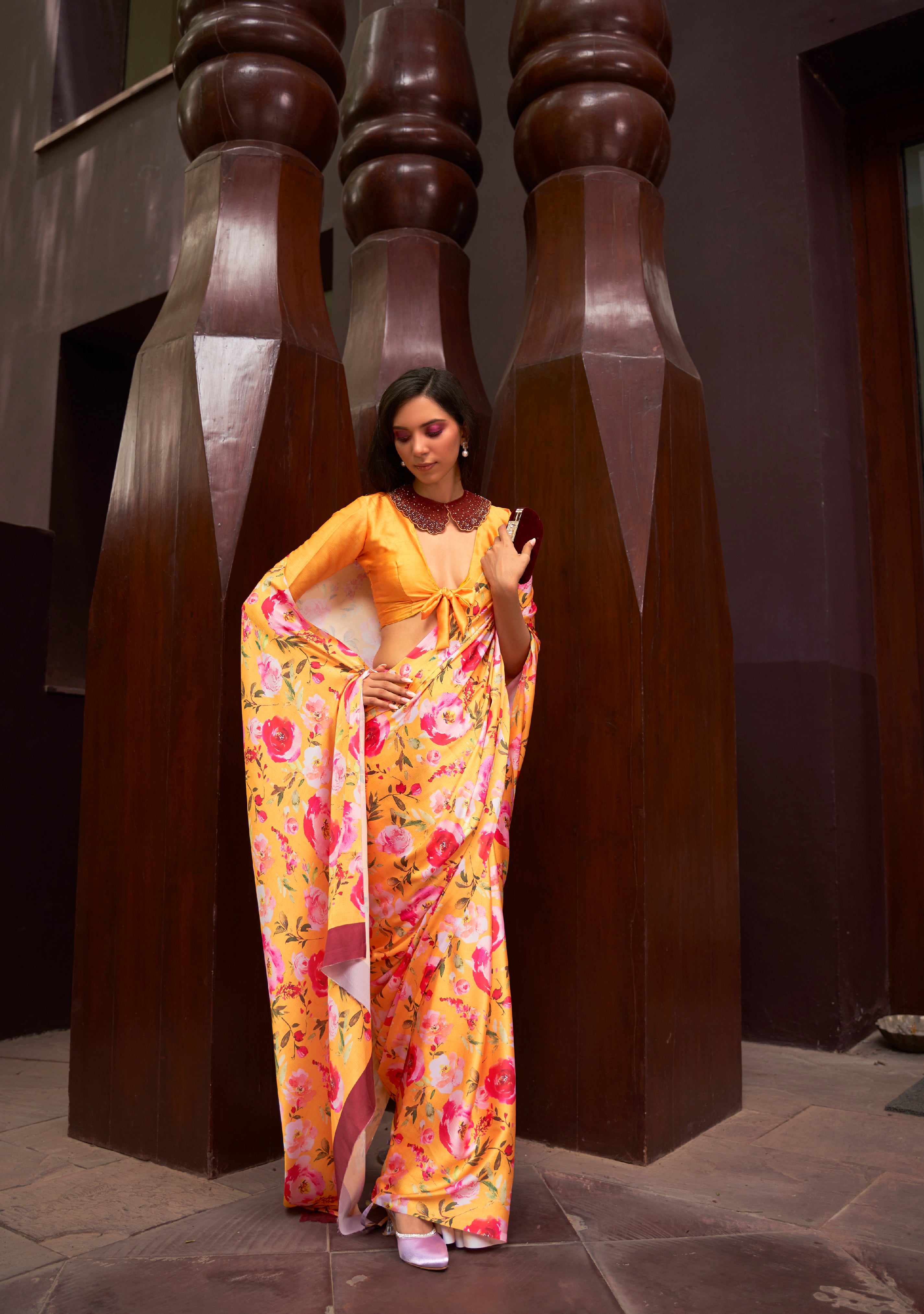 Radiant Glow Orange Floral Printed Satin Silk Saree