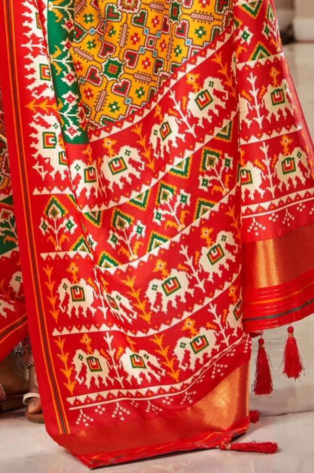 Sea Yellow and Red Printed Patola Saree