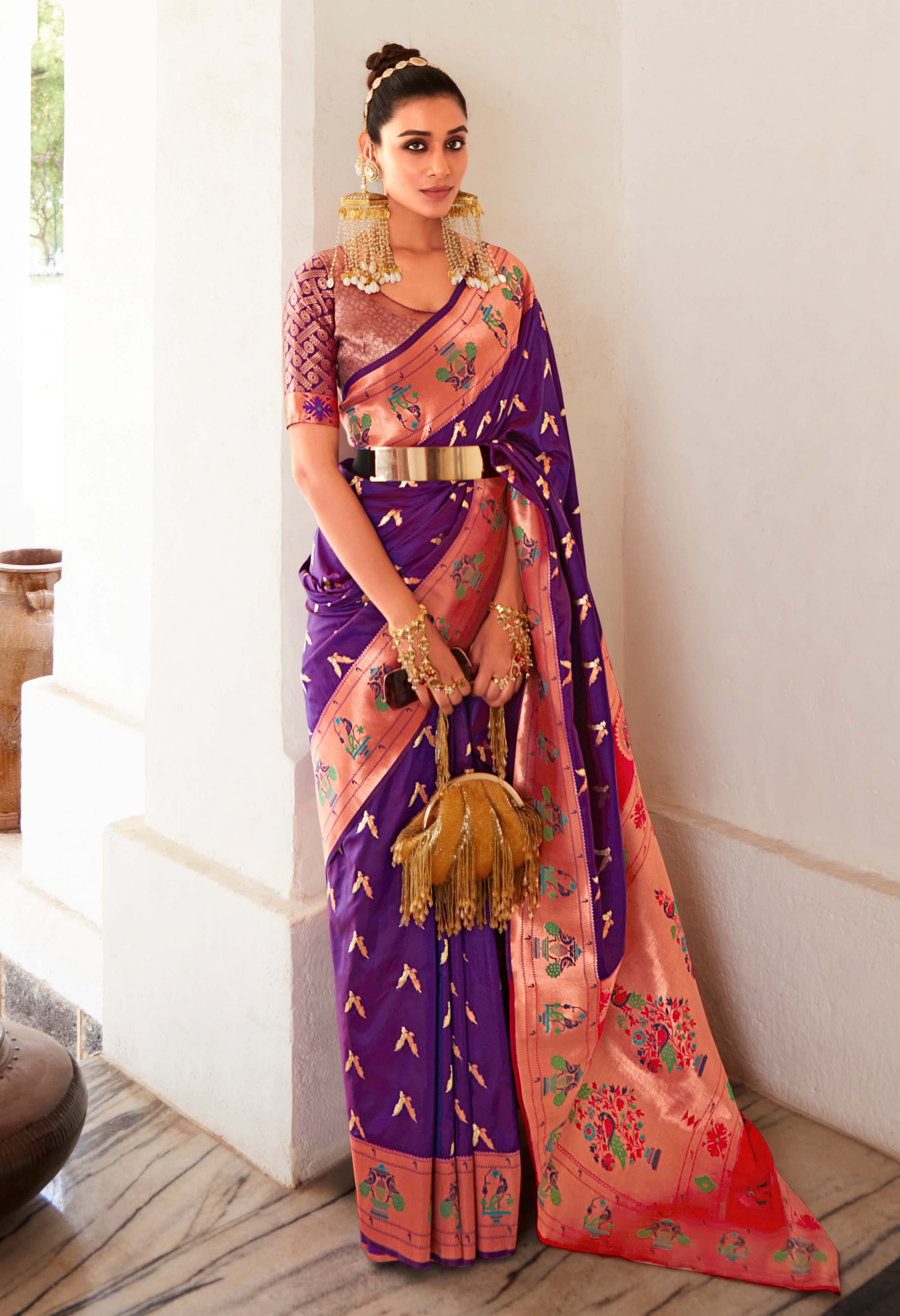 Regal Dual Tone Purple and Pink Zari Woven Paithani Silk Saree