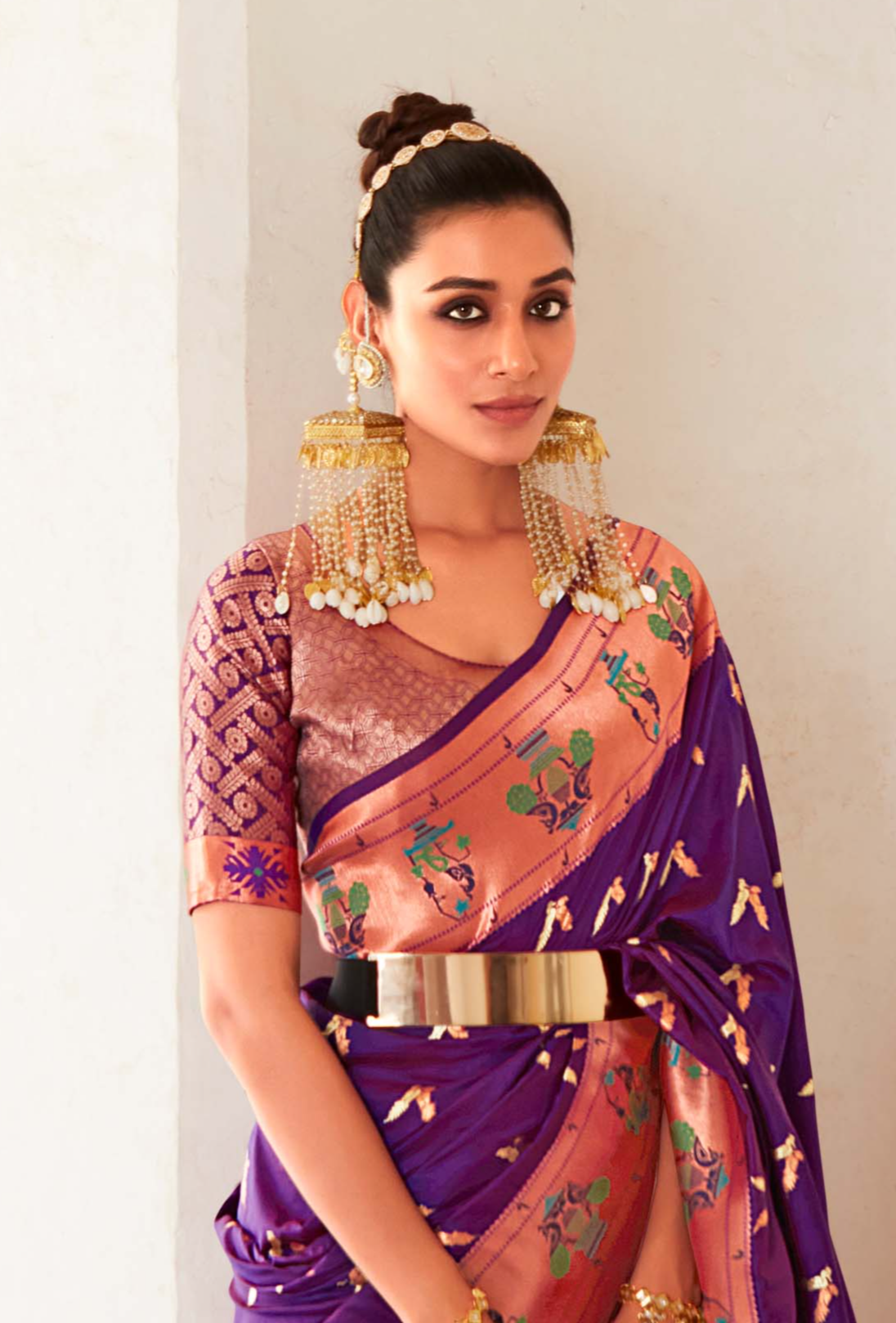 Regal Dual Tone Purple and Pink Zari Woven Paithani Silk Saree