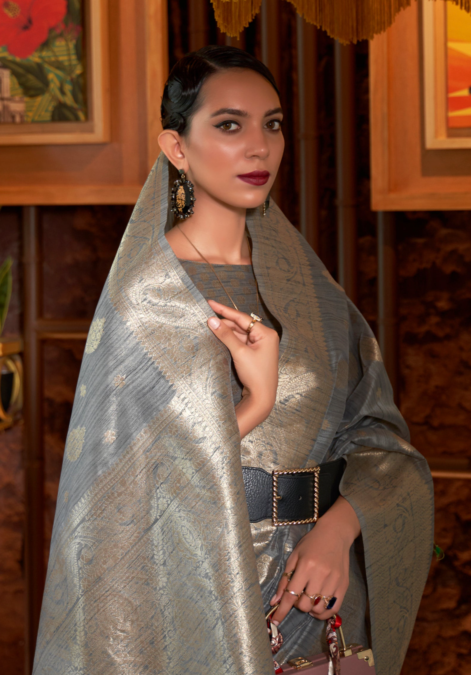 Sterling Silver Woven Tussar Silk Saree