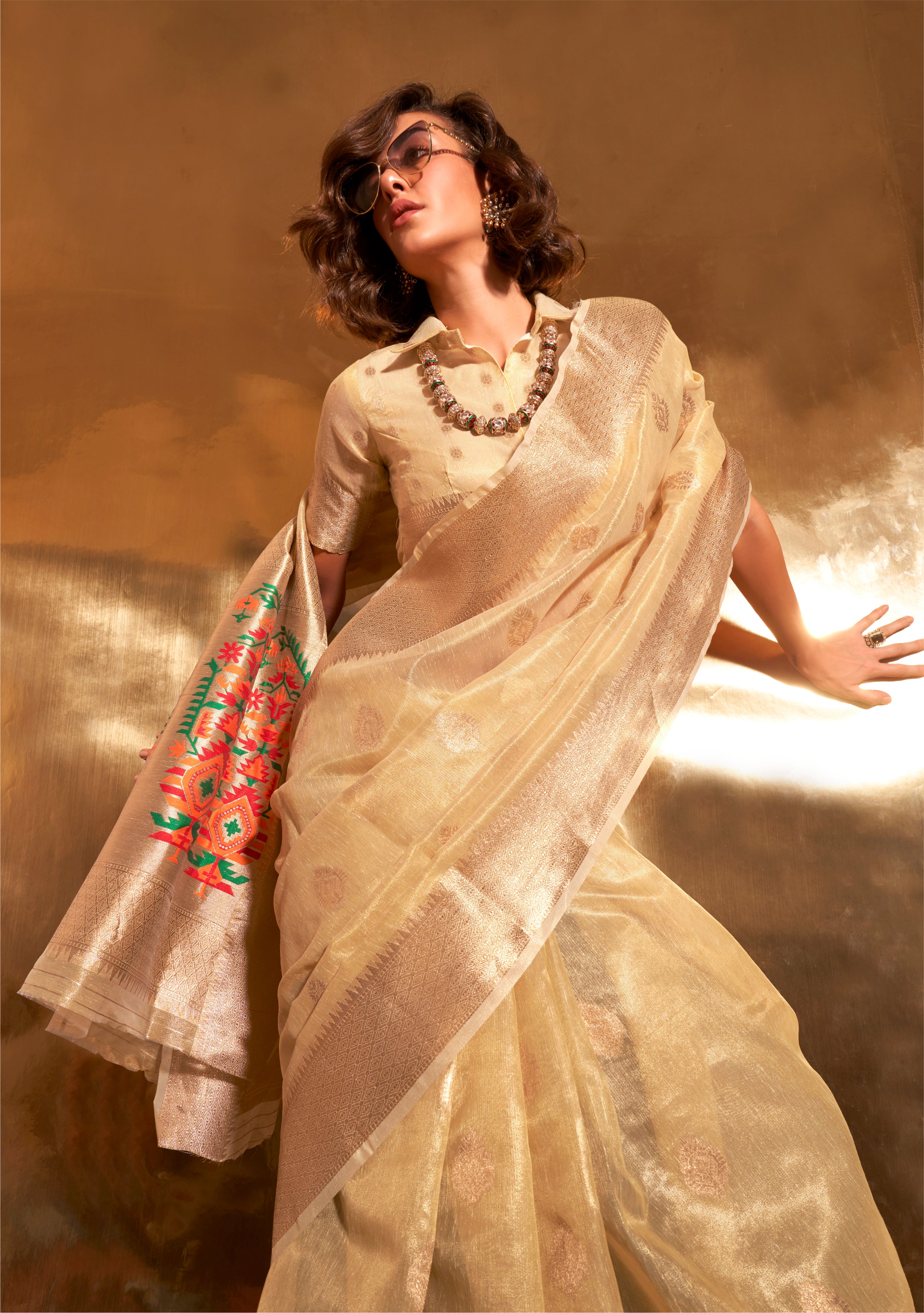 Cream Zari Woven Paithani Tissue Saree