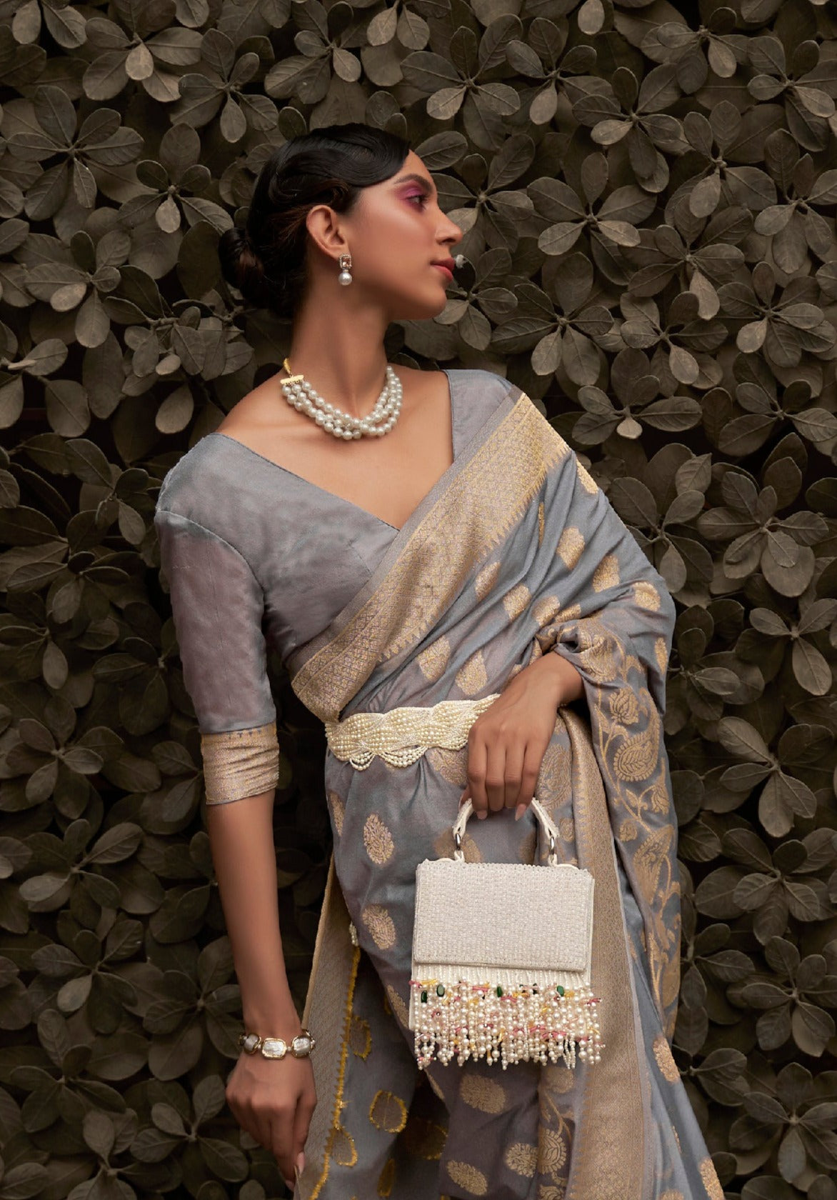 Elegant Gray Banarasi Chiffon Saree