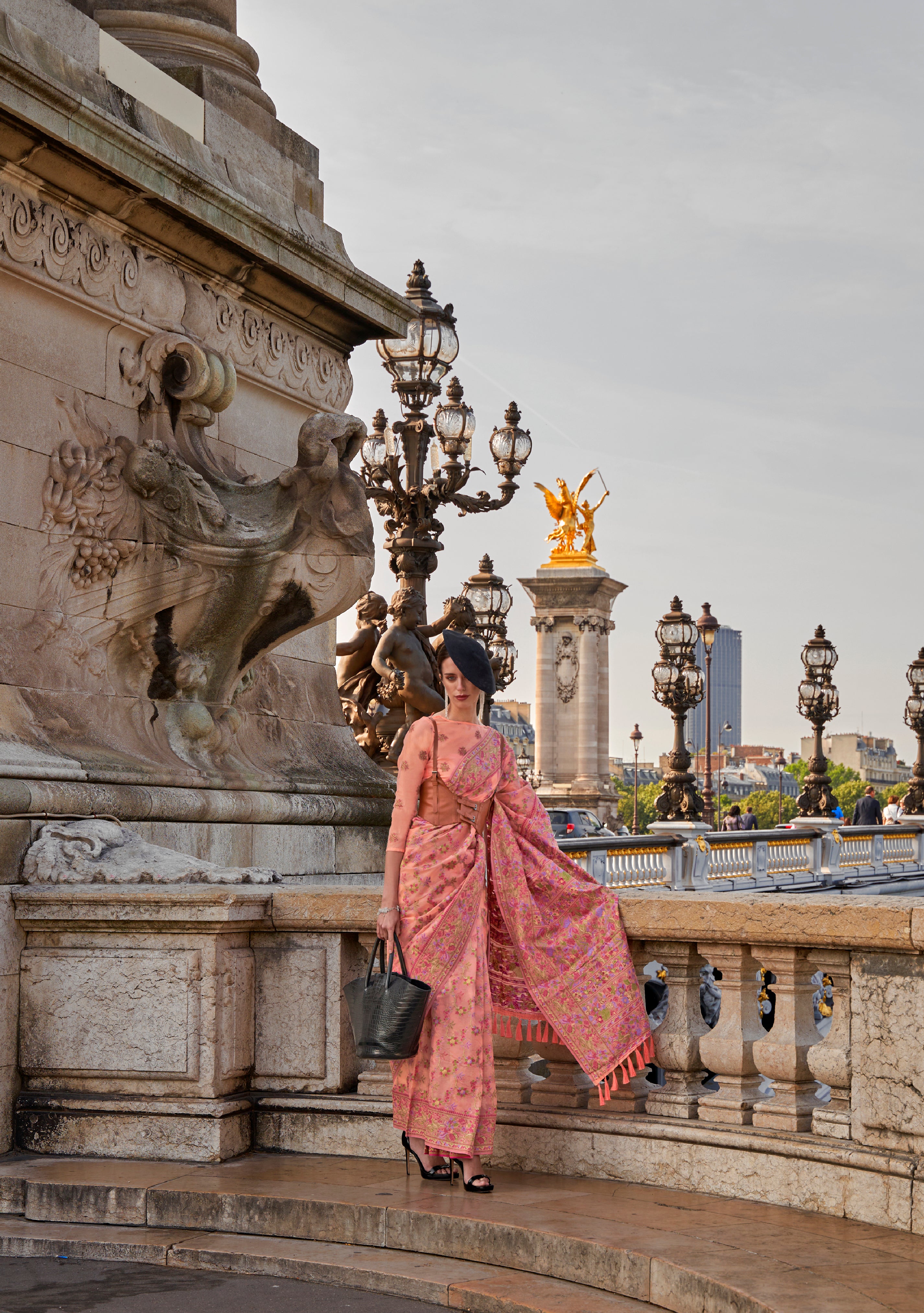 Opulence Peach Organza Handloom Parsi Saree