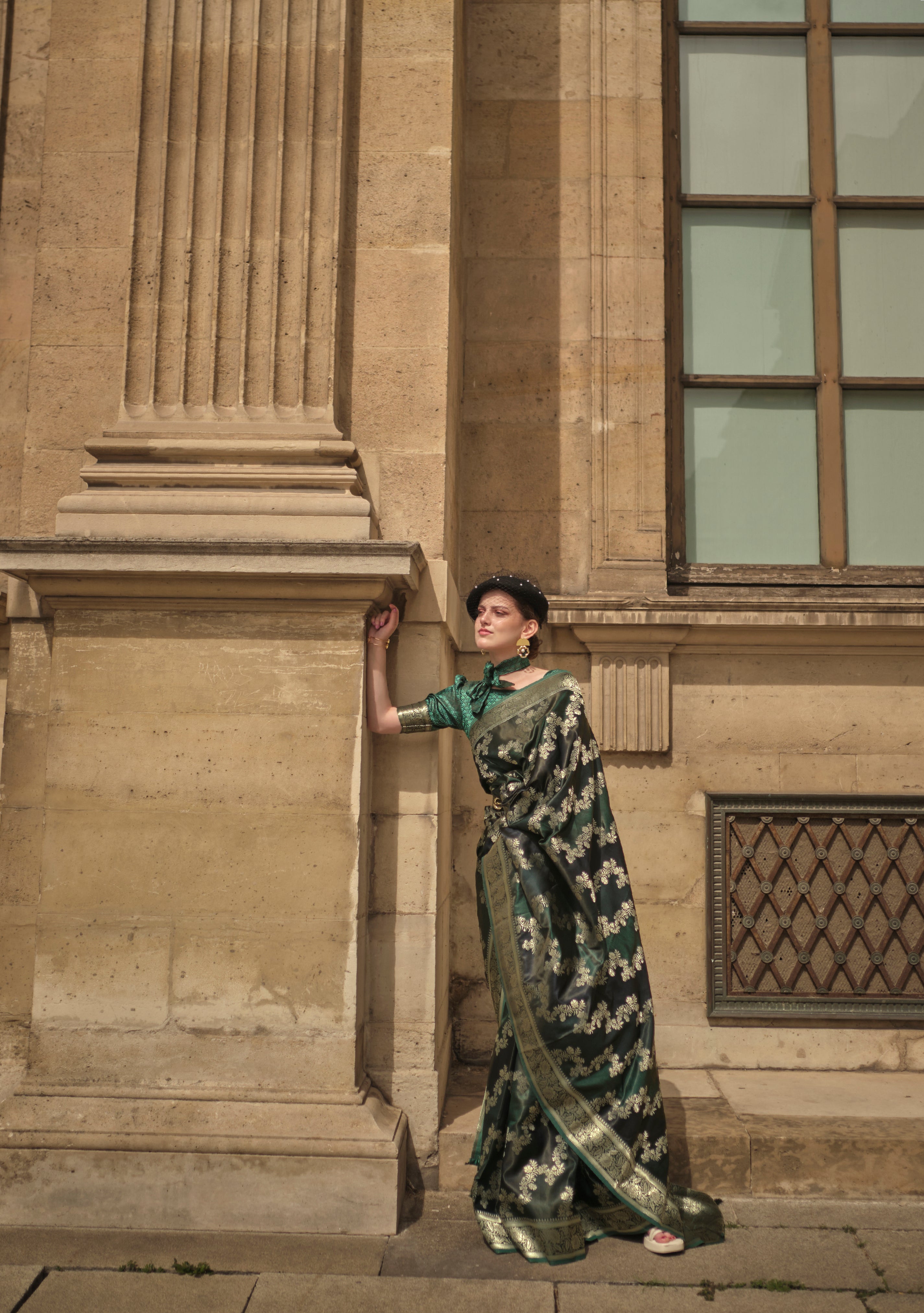 Stunning Dark Green Banarasi Handloom Rangkat Weaving Saree