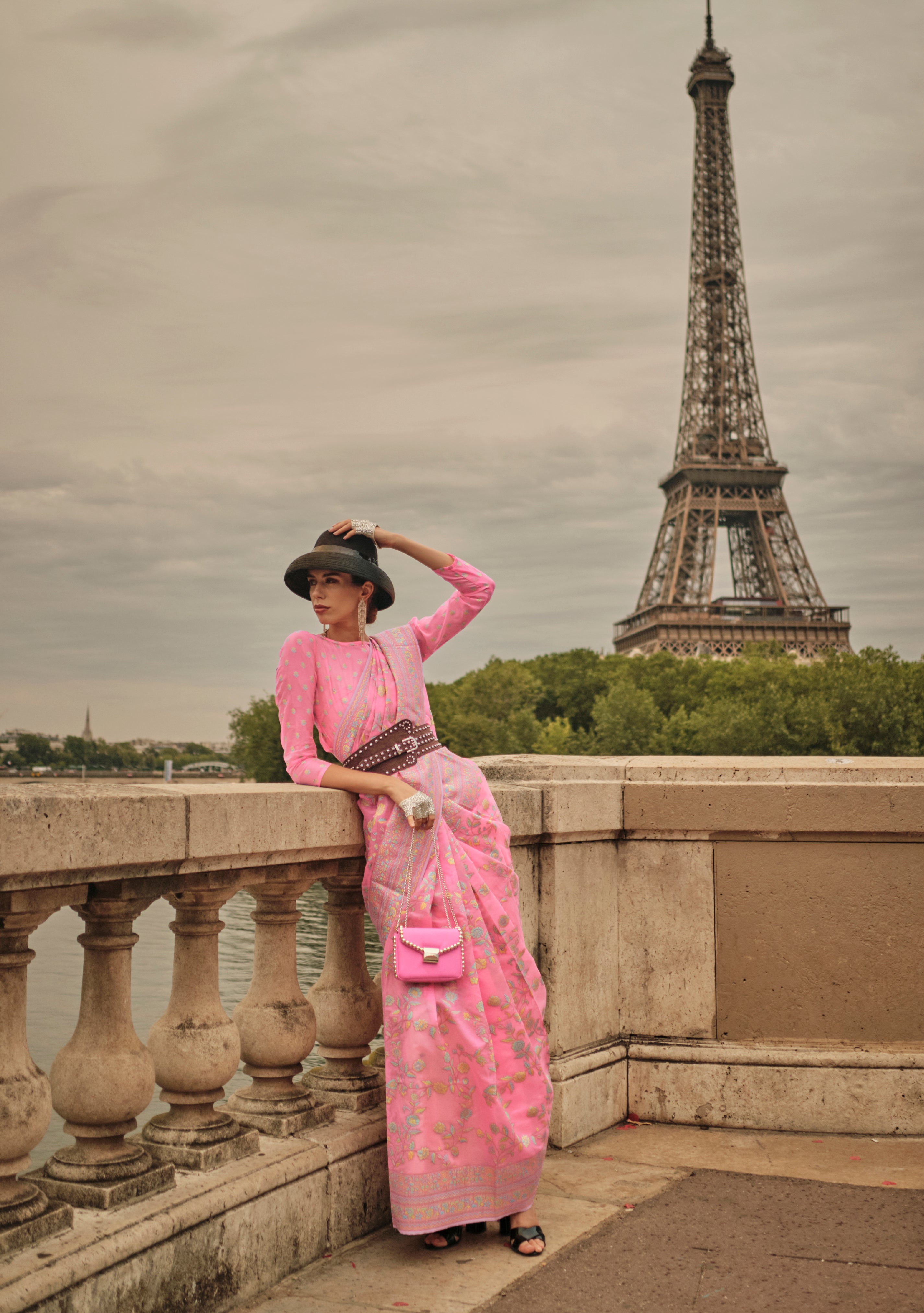 Charming Pink Kashmiri Organza Handloom Saree