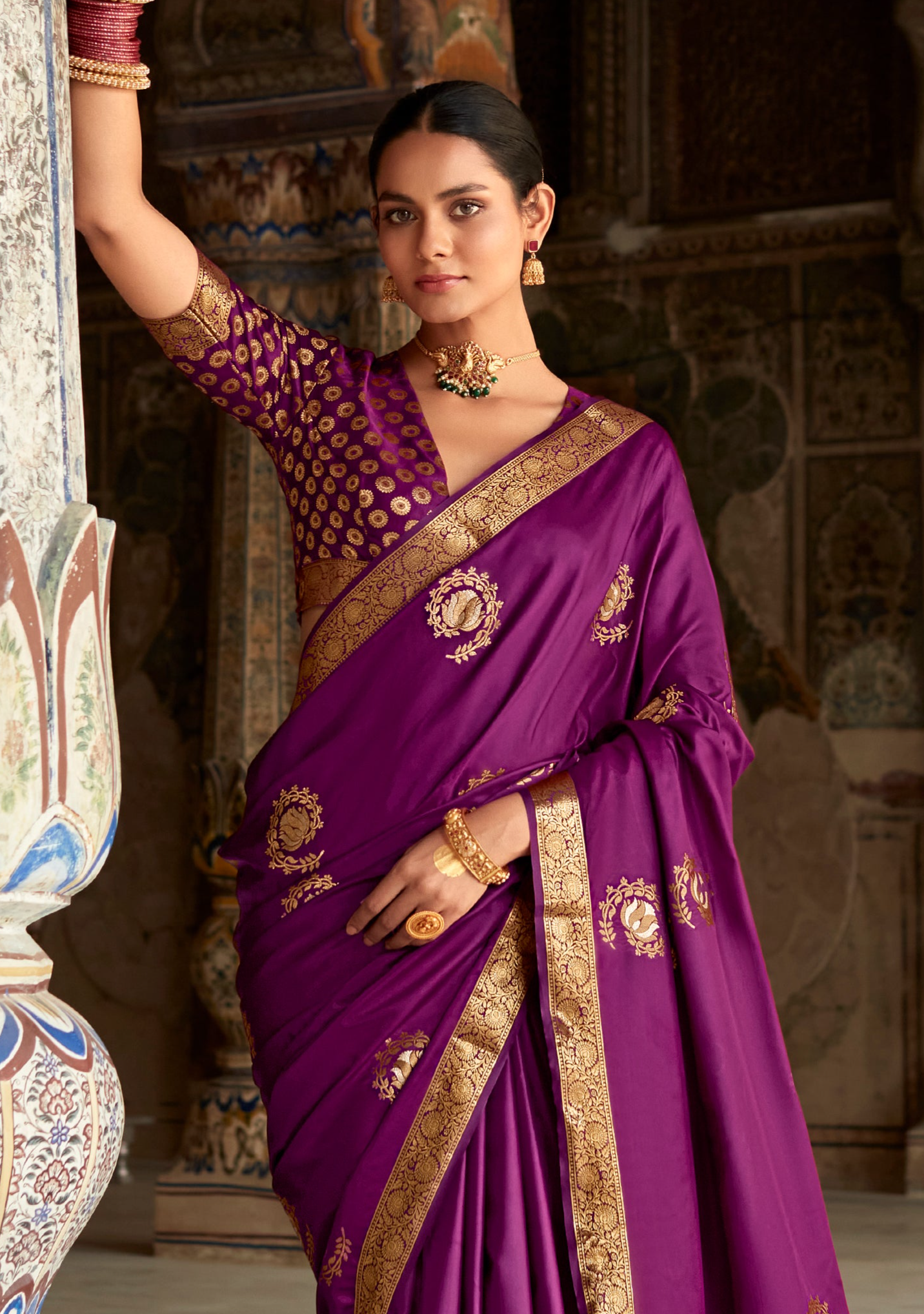 Deep Purple Woven Banarasi Satin Silk Saree