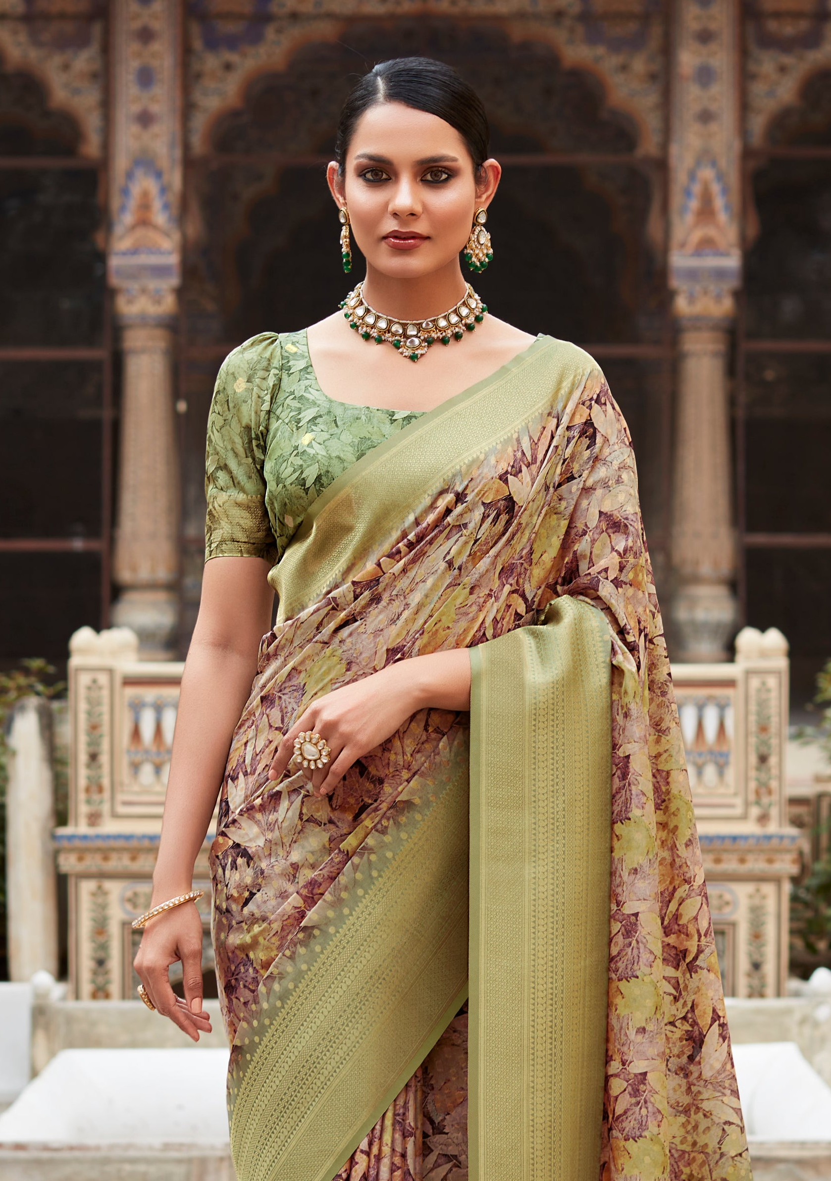 Pine Green Banarasi Digital Printed Silk Saree