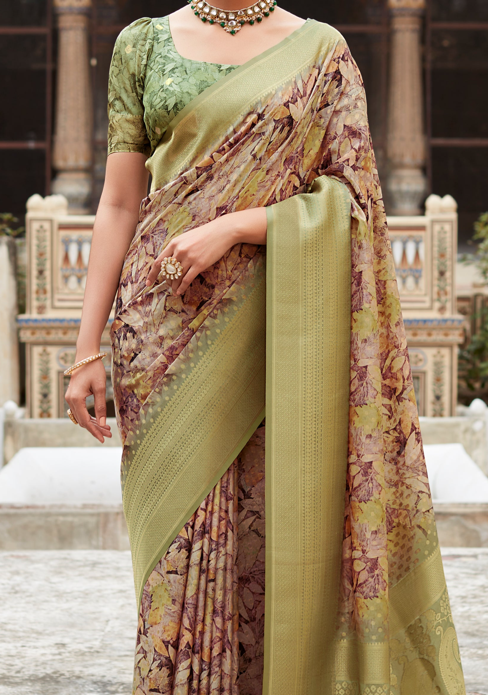 Pine Green Banarasi Digital Printed Silk Saree