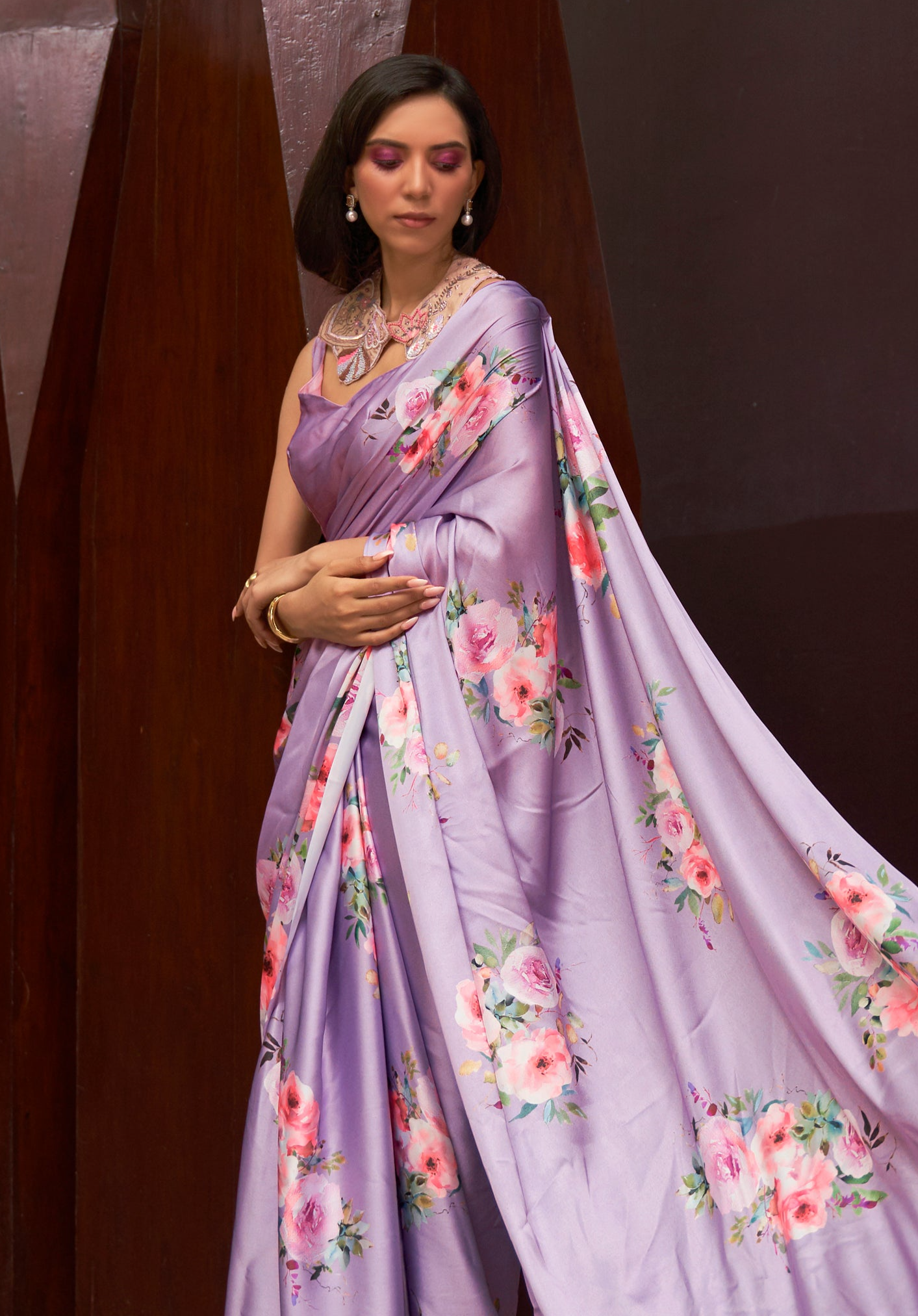 Serene Lavender Floral Printed Satin Silk Saree