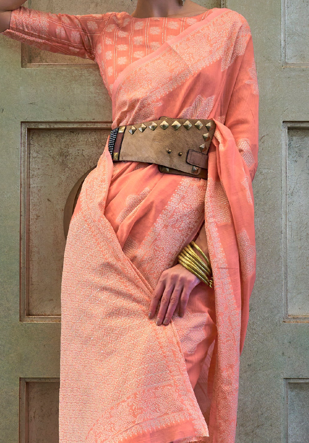 Graceful Peach Lucknowi Woven Chikankari Saree