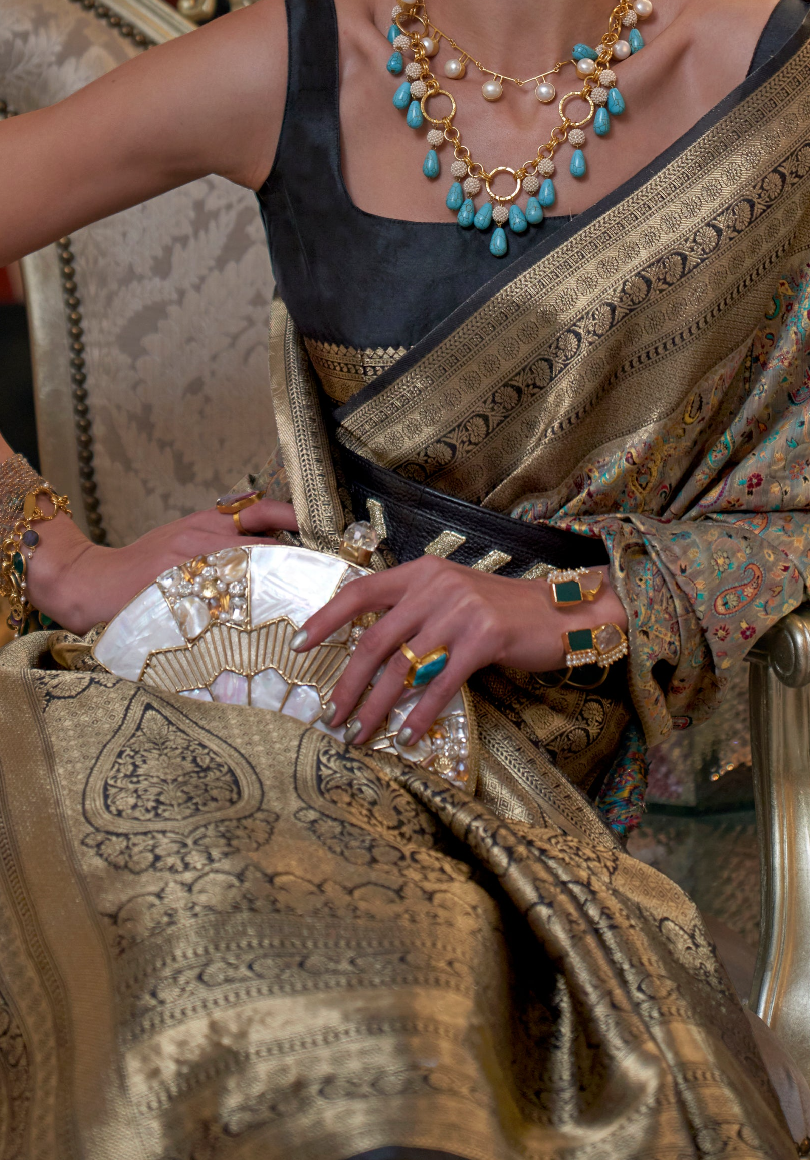 Faded Golden Kashmiri Jamewar Silk Saree