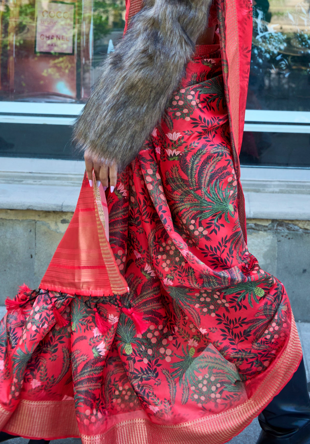 Peach Blossom Organza Printed Satin Silk Saree