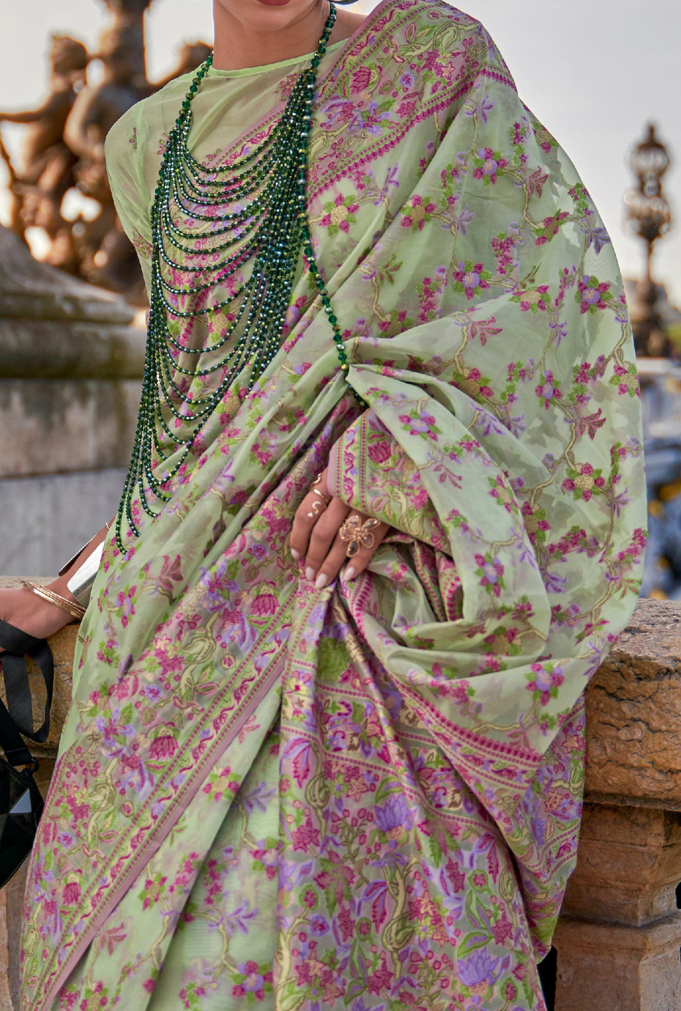 Elegant Mint Green Organza Handloom Parsi Saree