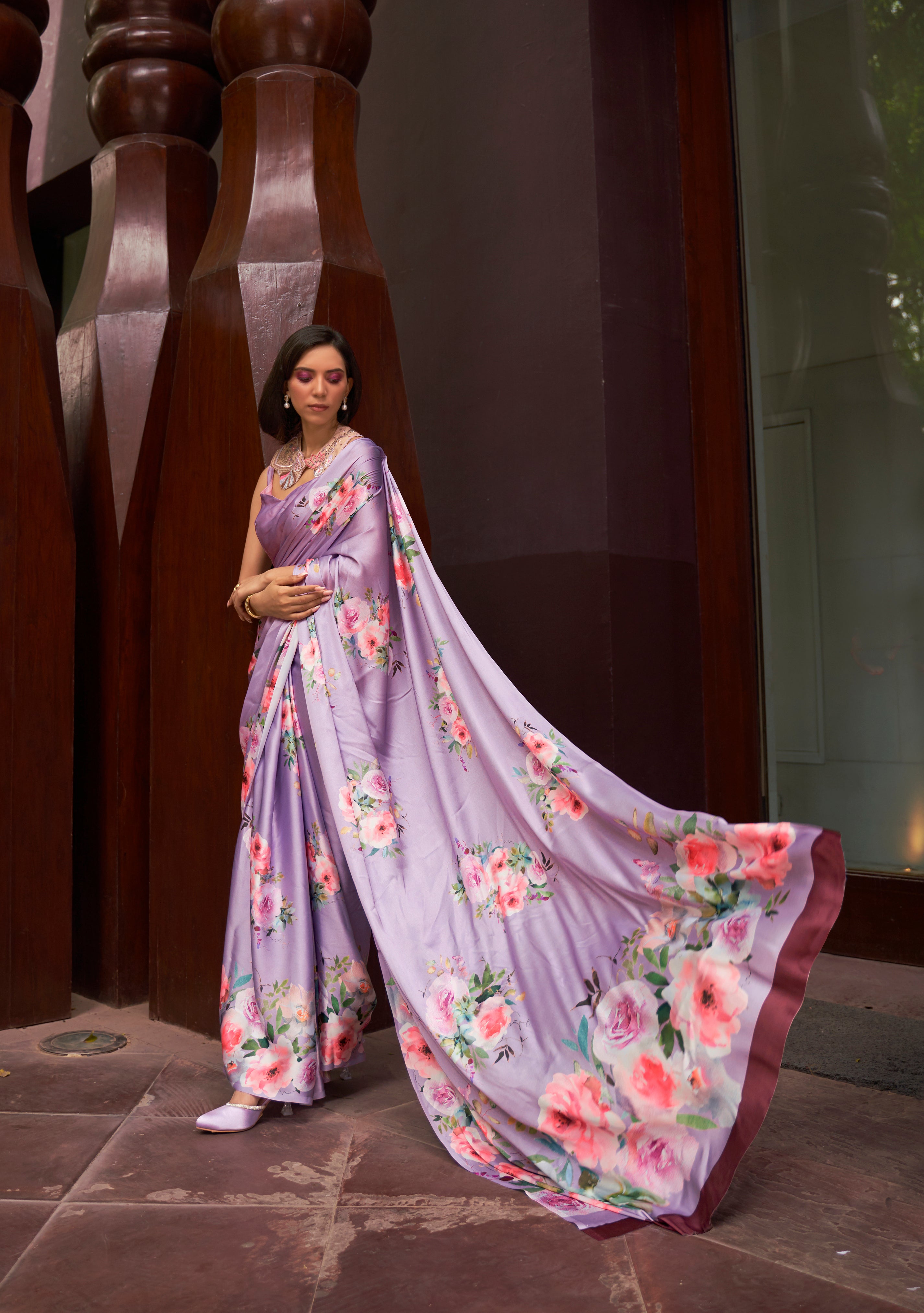 Serene Lavender Floral Printed Satin Silk Saree