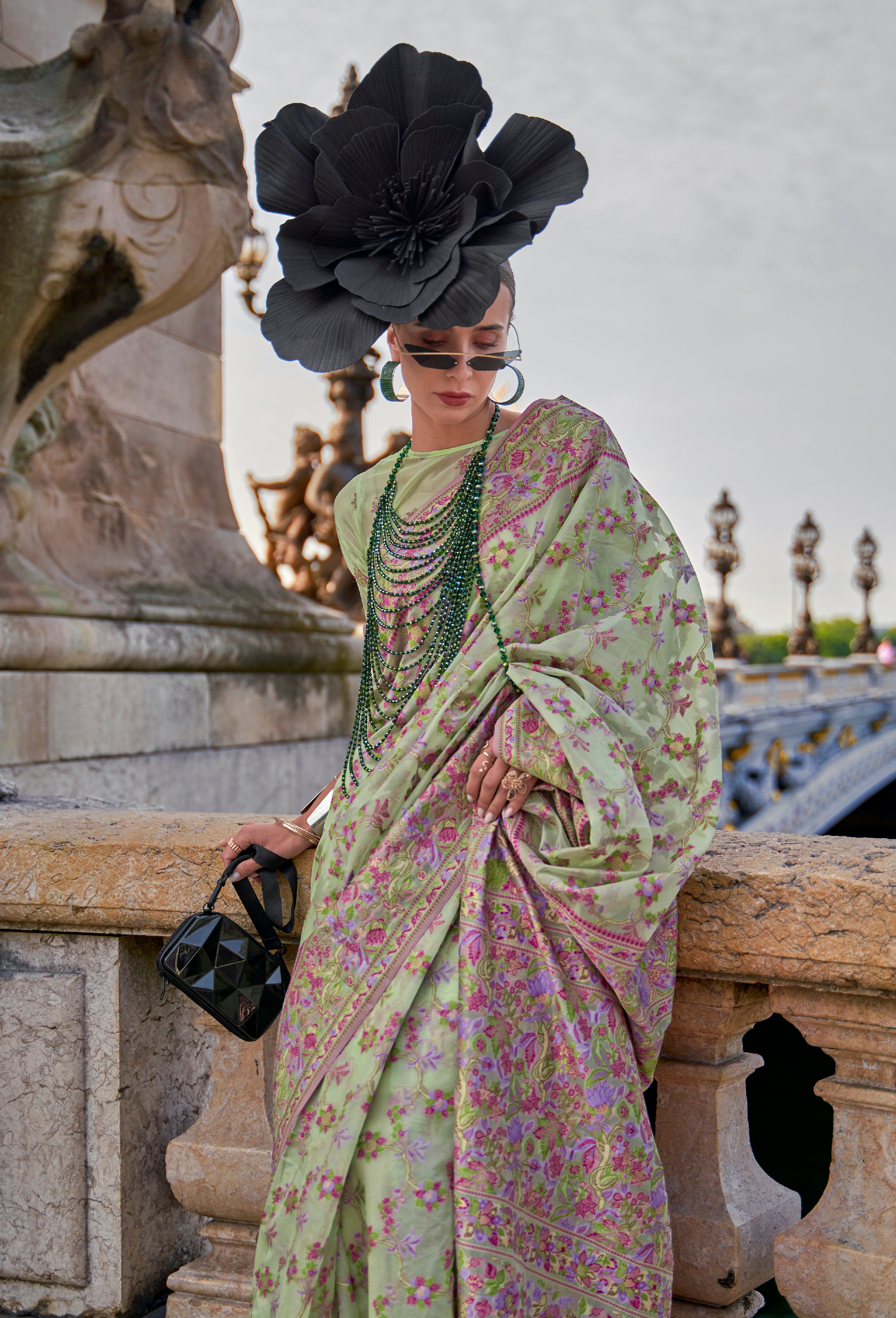 Elegant Mint Green Organza Handloom Parsi Saree