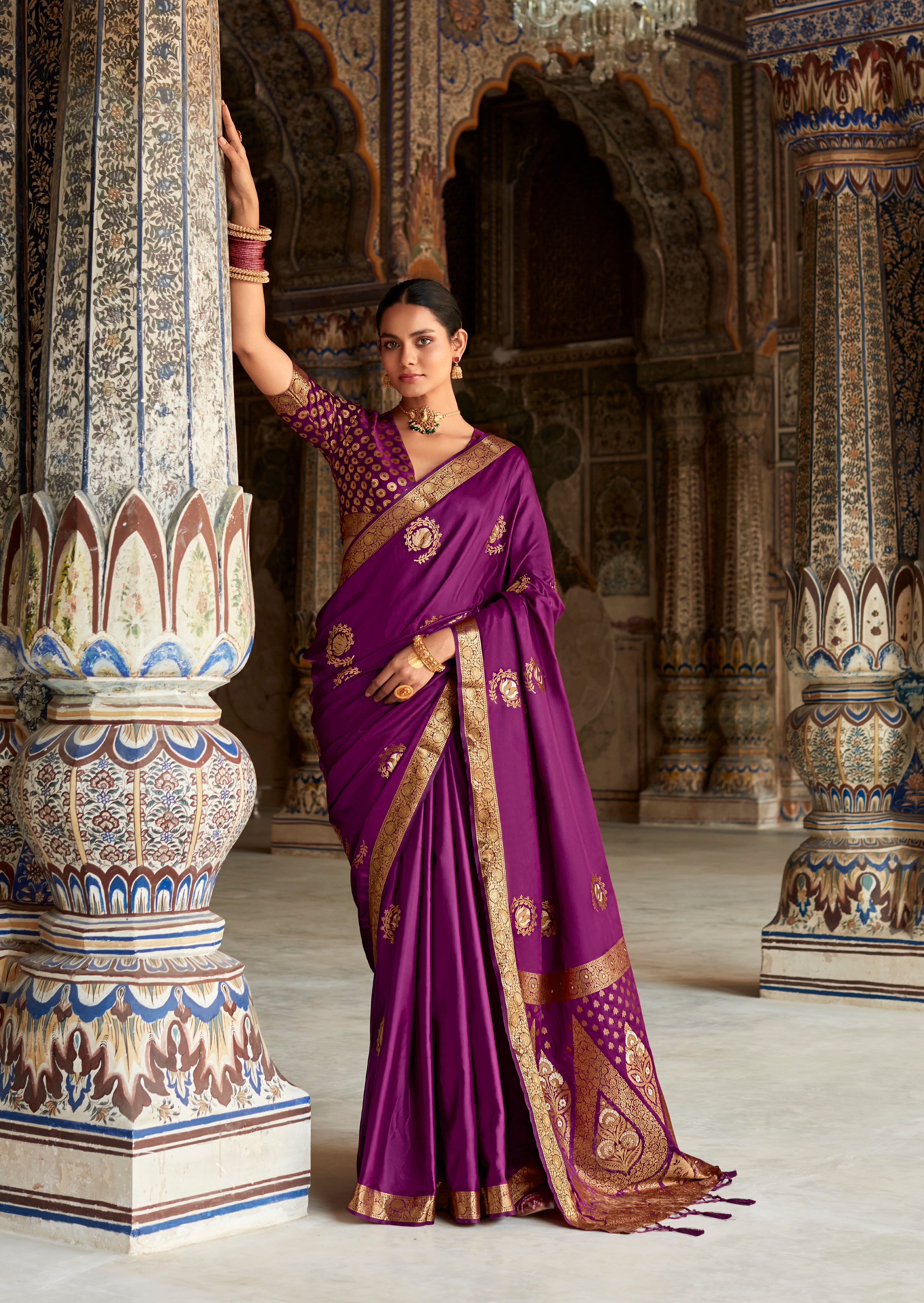 Deep Purple Woven Banarasi Satin Silk Saree